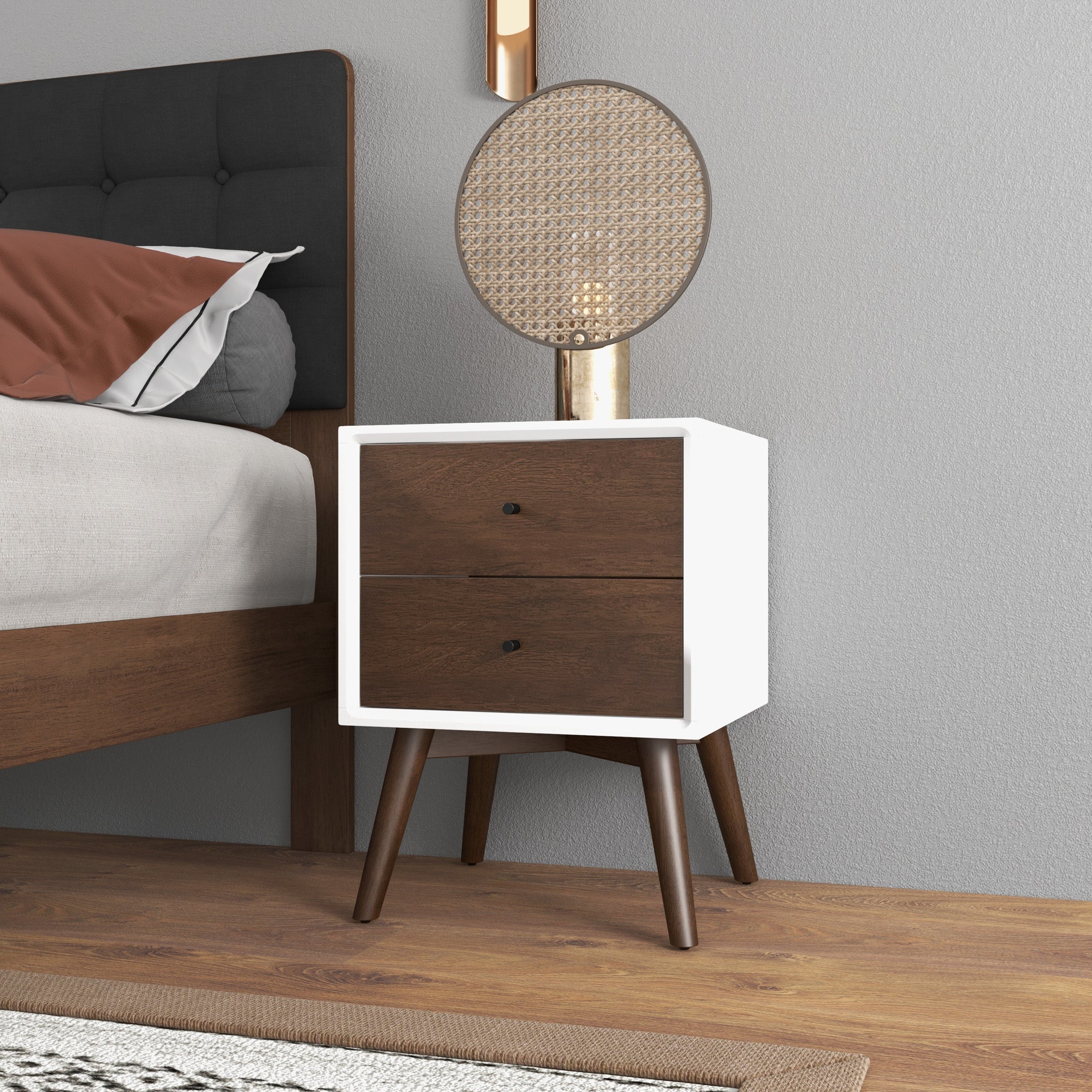 Table Nuit Caroline Style Mid Century 2 Tiroirs Blanc