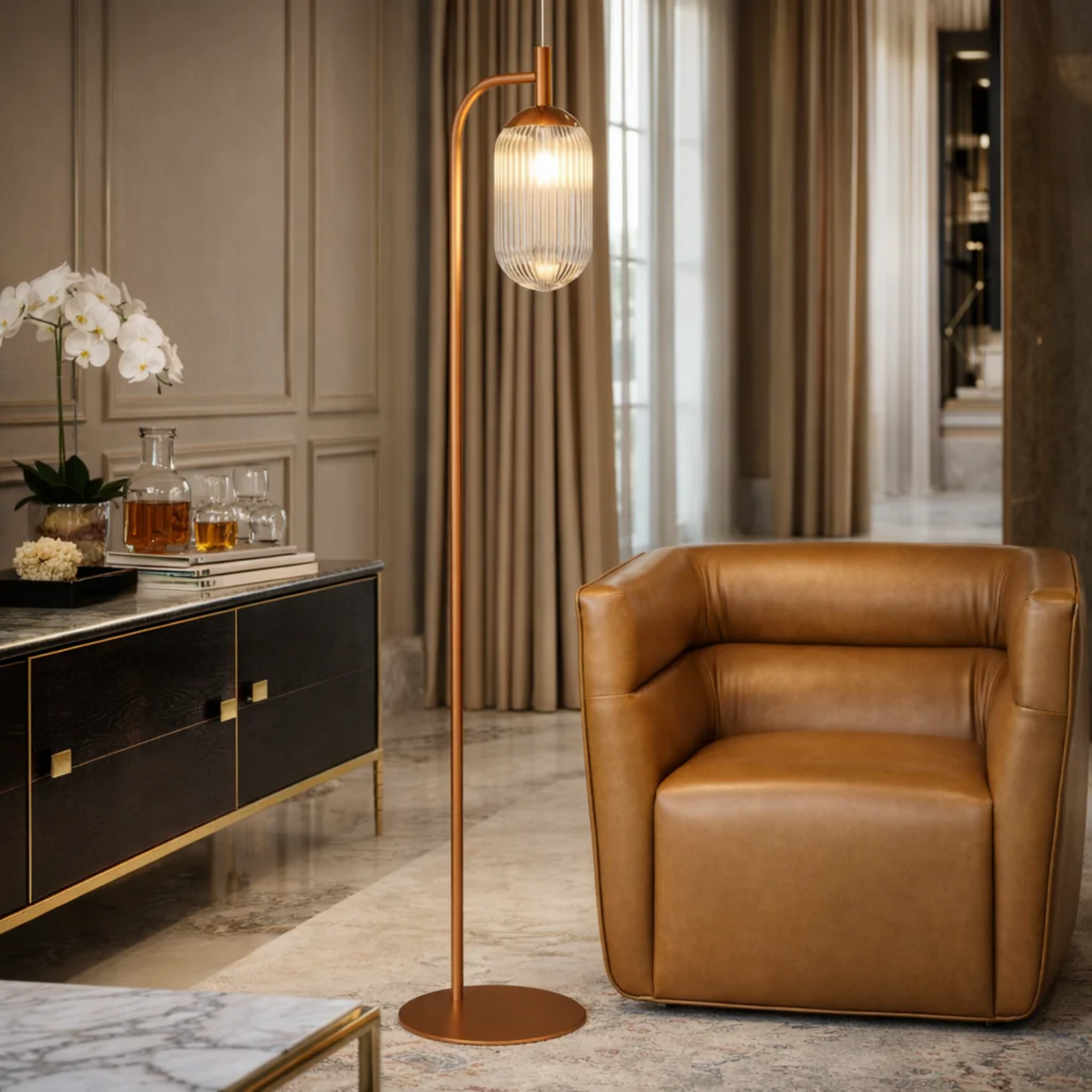 Lampadaire moderne bronze, design éclairage vers le haut
