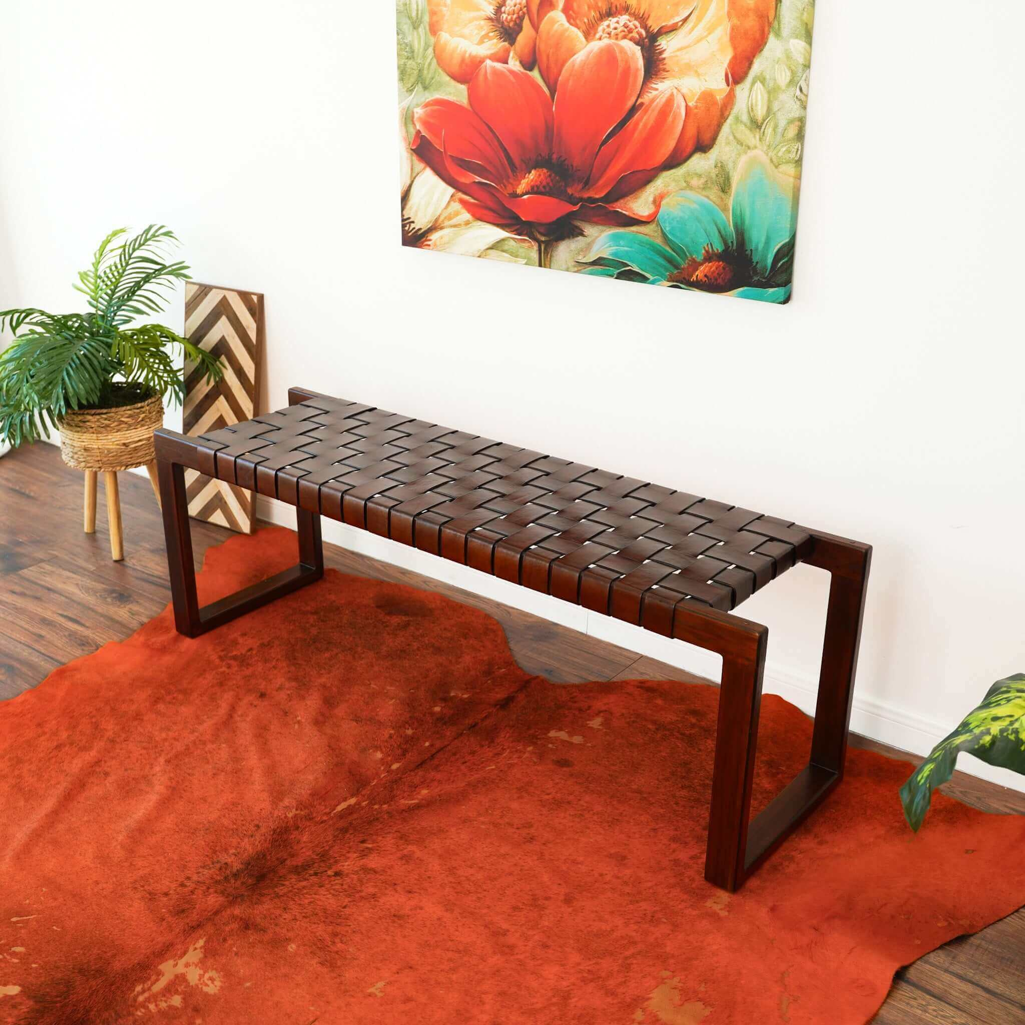 Banc Christina cuir tan, bois massif, 55" L x 18,5" H