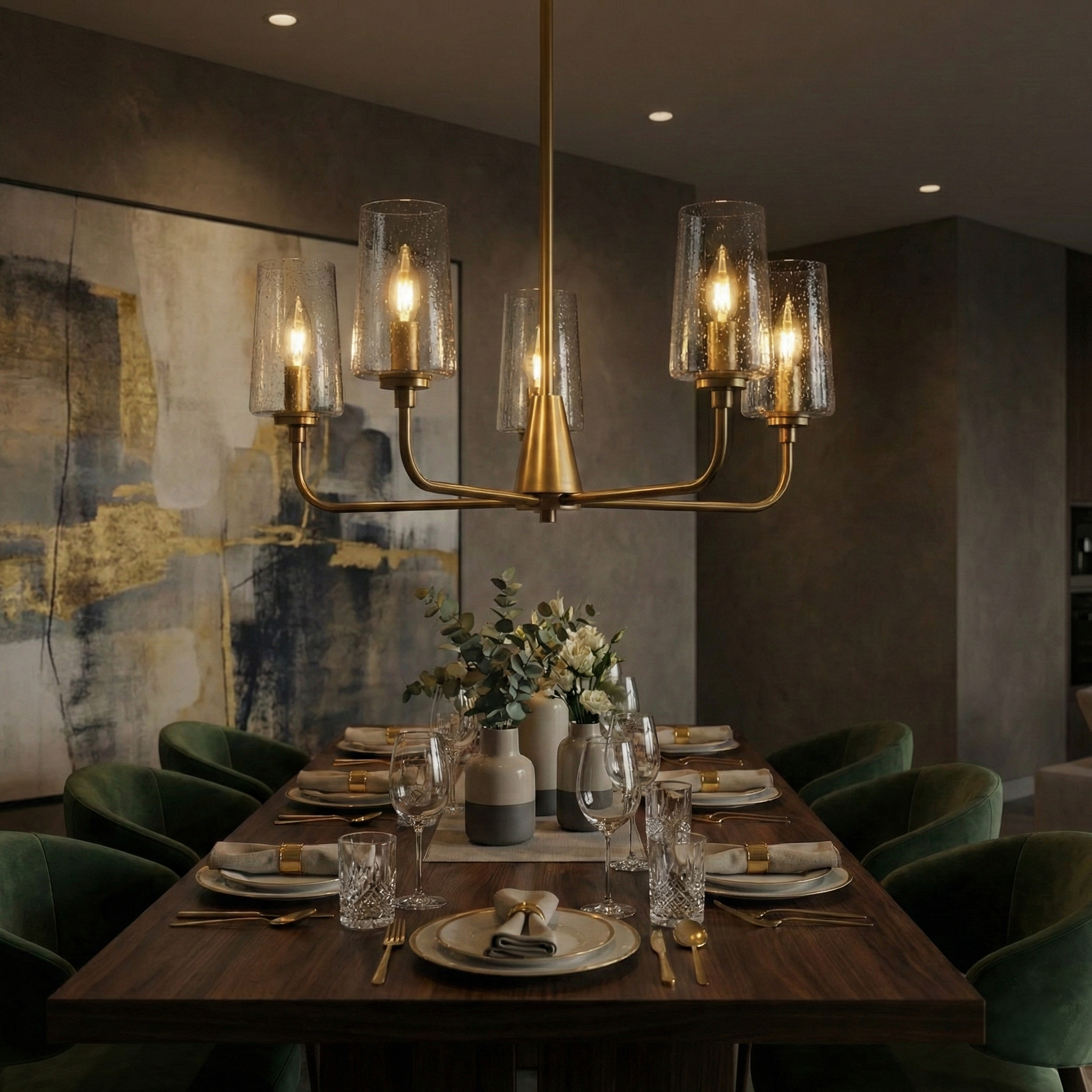 Lustre 5 lumières verre cristal Satin Brass