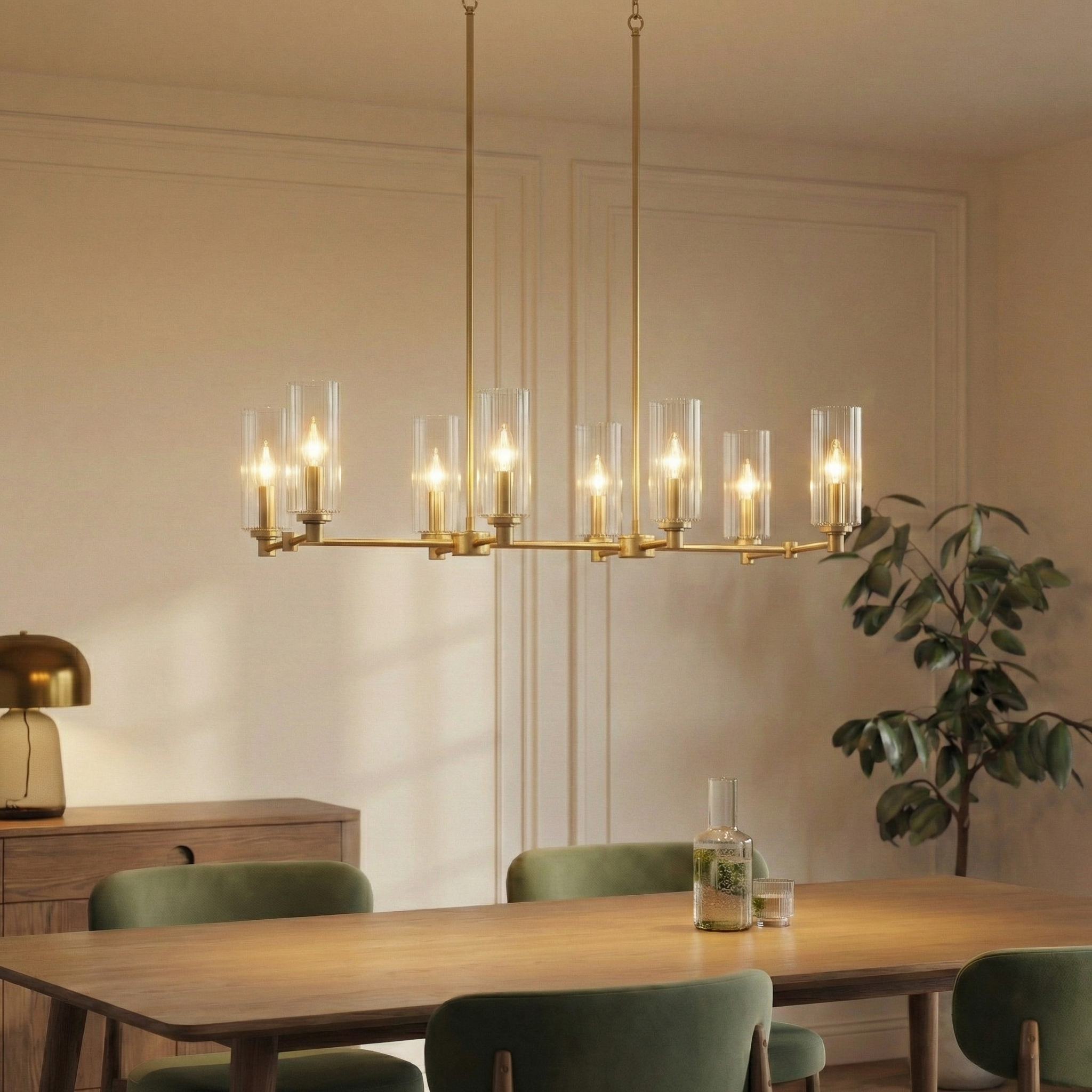 Luminaire îlot Willow 8 lumières, verre strié, laiton satiné