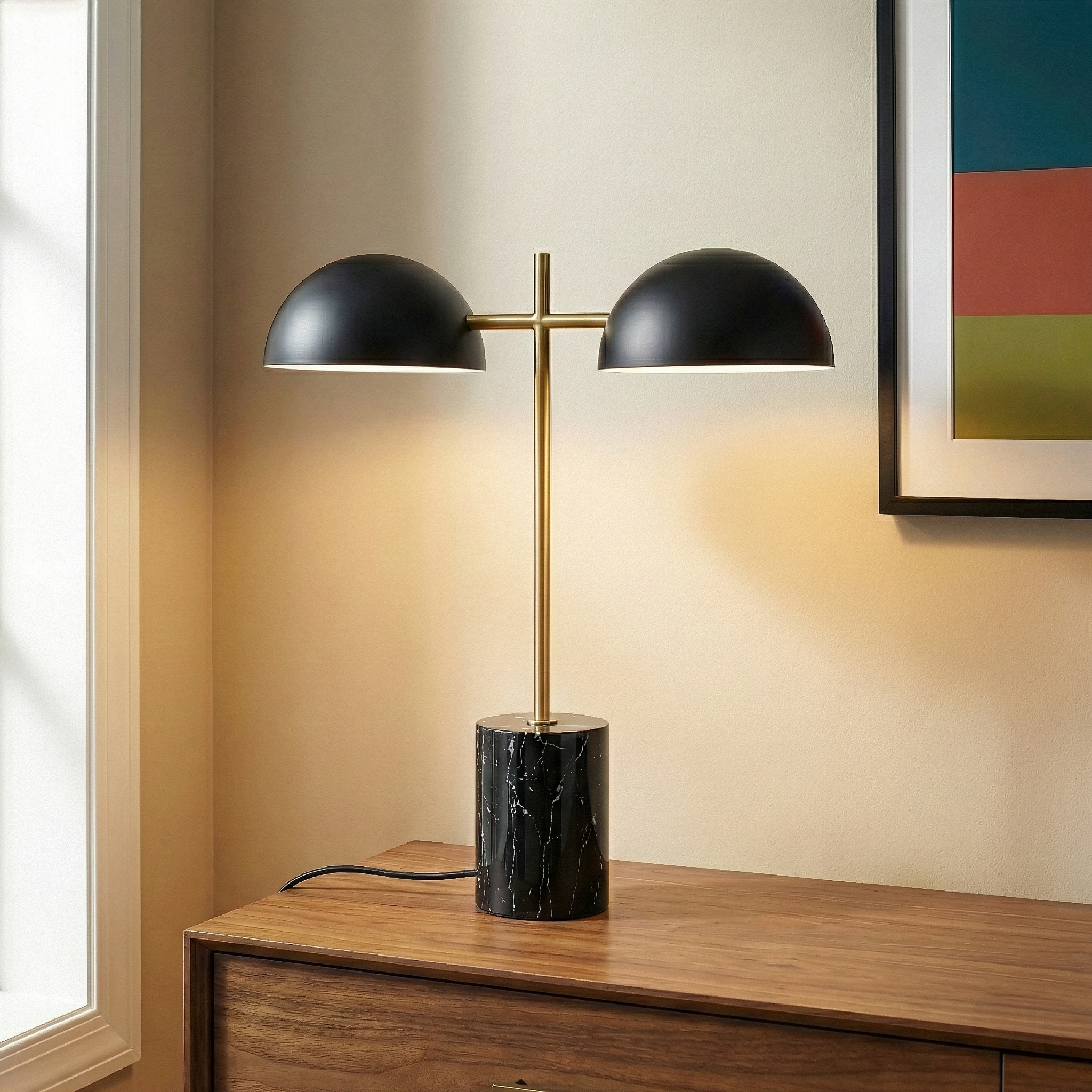 Lampe table noire double base marbre 22,4po hauteur