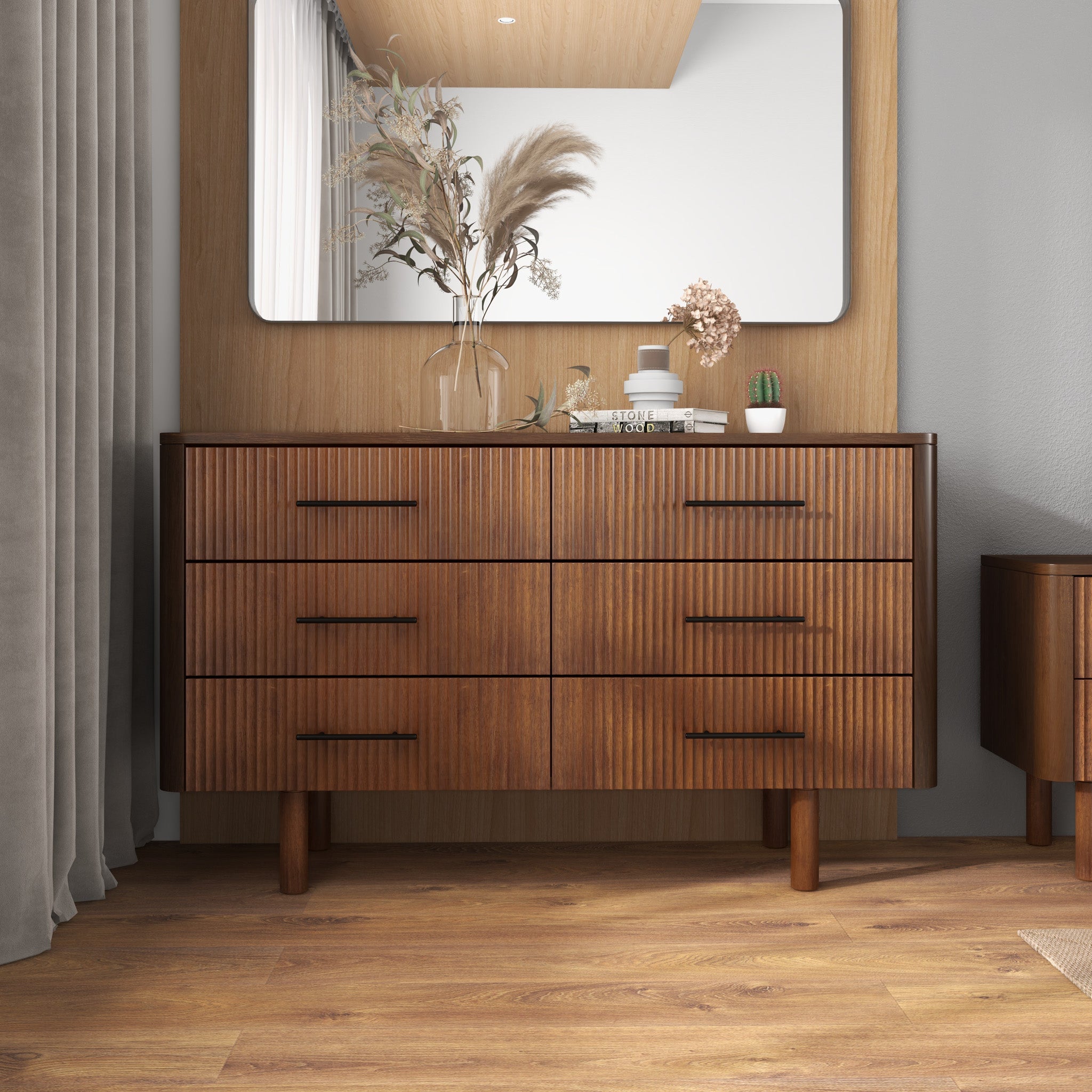 Commode Logan Mid Century Noyer 6 Tiroirs 33.1po H