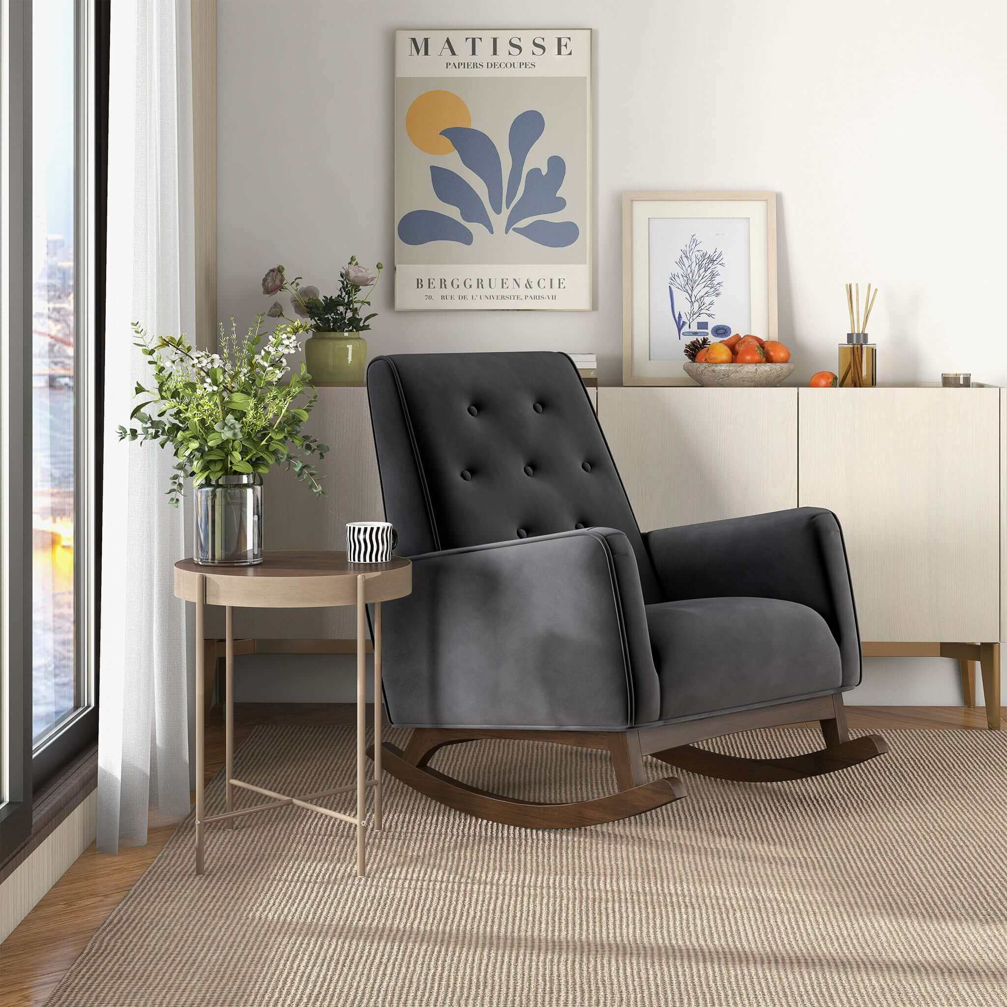 Fauteuil berçant Demetrius tissu gris foncé cadre bois massif