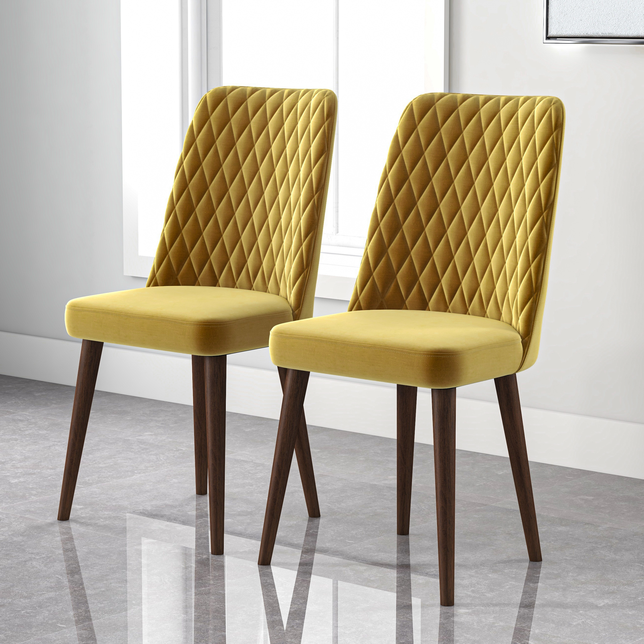 Chaise salle à manger velours Katie, ens. 2, jaune, bois massif