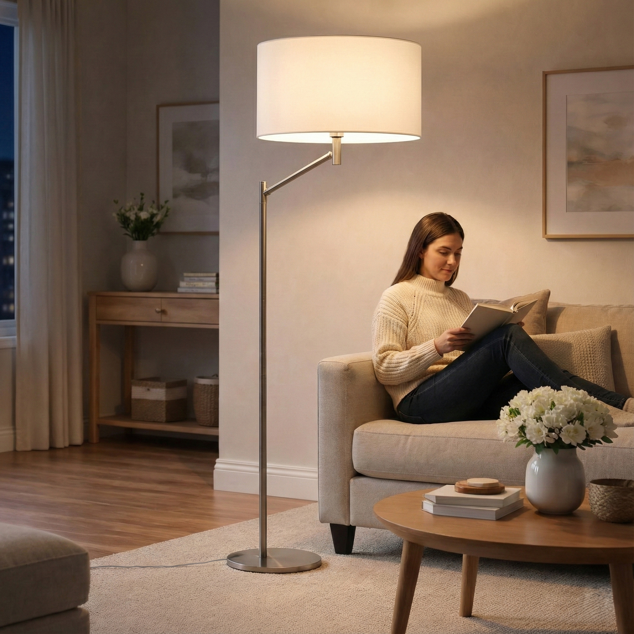 Horizon Lampe table nickel brossé base métal lin