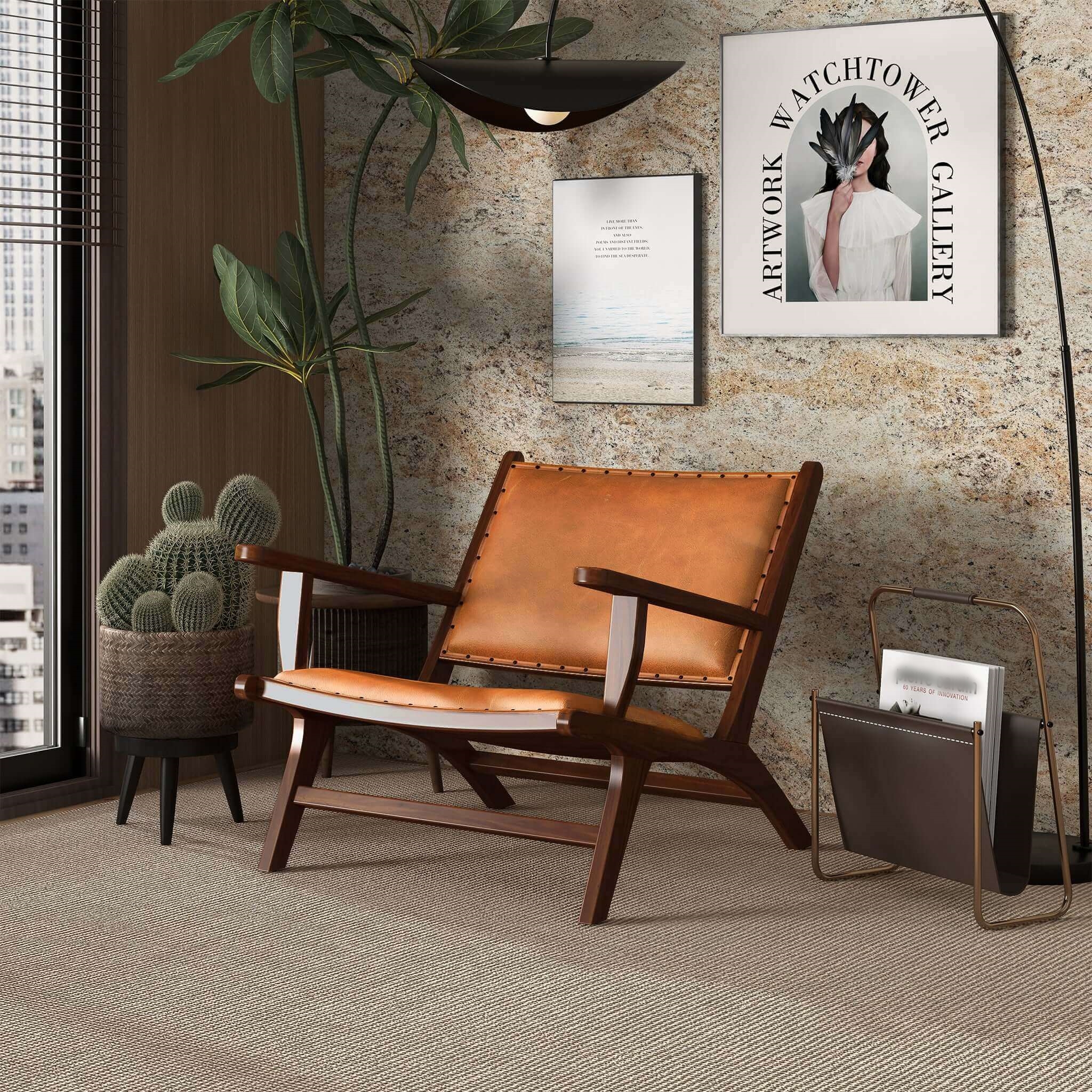 Fauteuil Daniel cuir tanné, jambes noyer, 25H x 26L x 28P