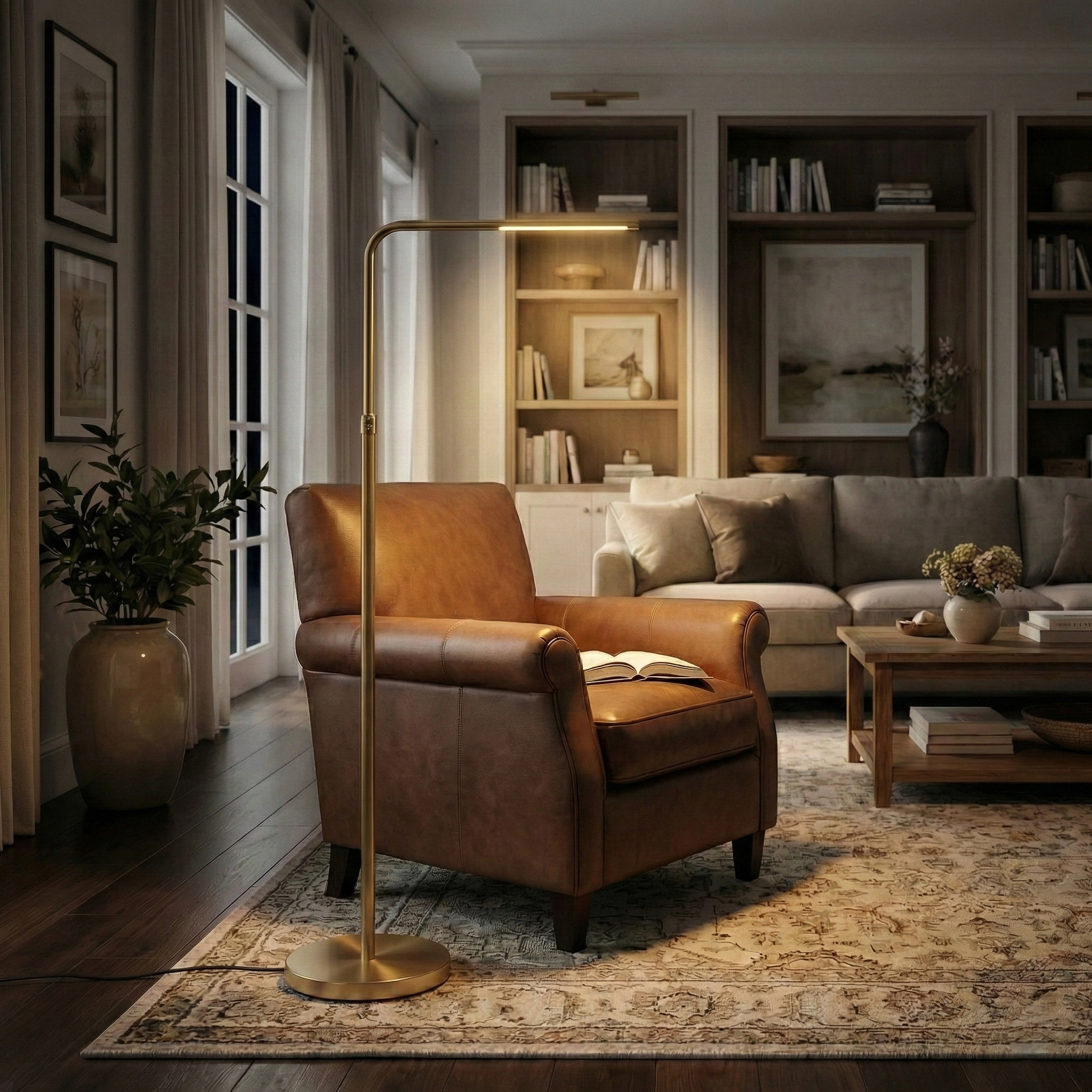 Lampadaire Verve or brossé, DEL, base ronde ajustable