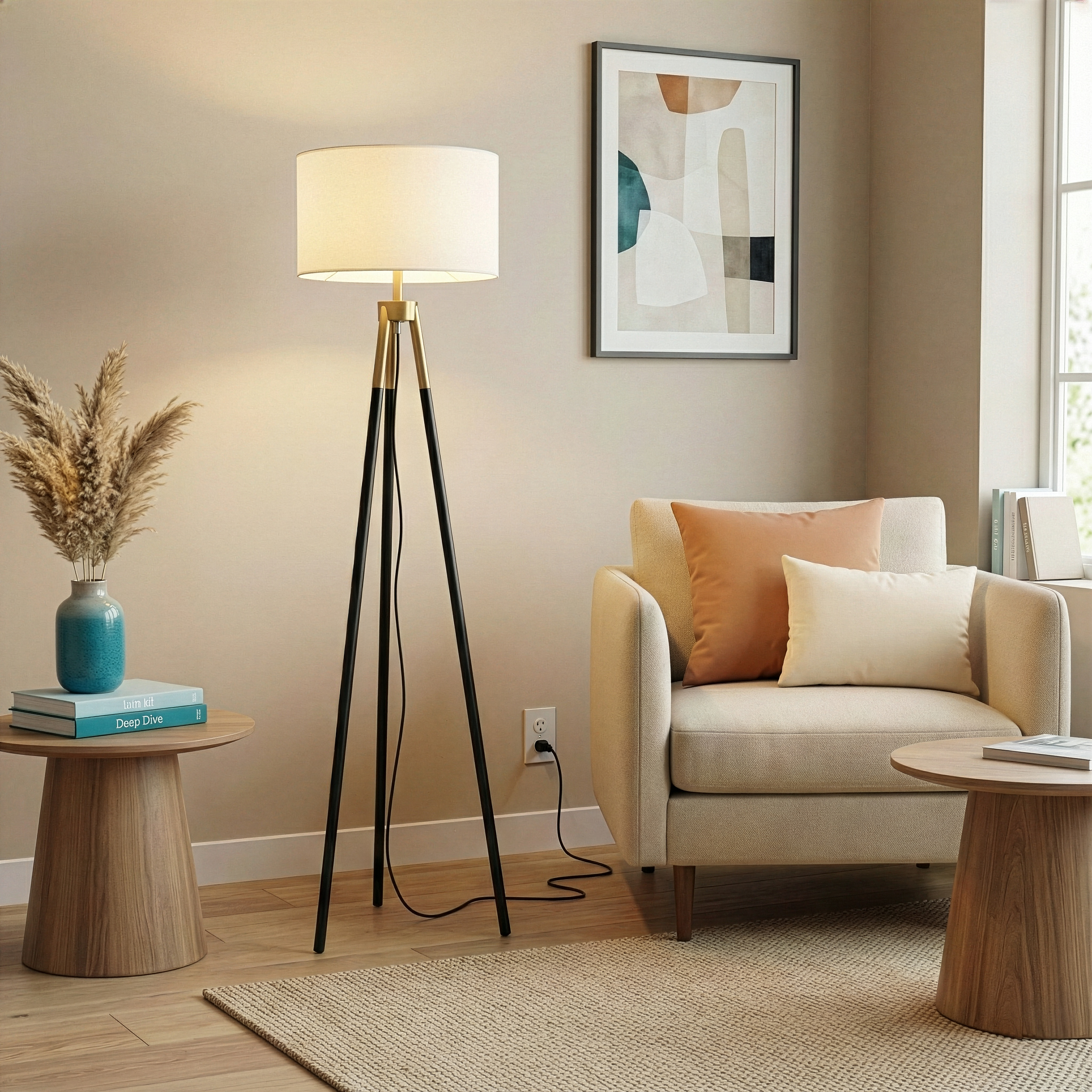 Lampadaire Sway or, 3 pieds, abat-jour blanc