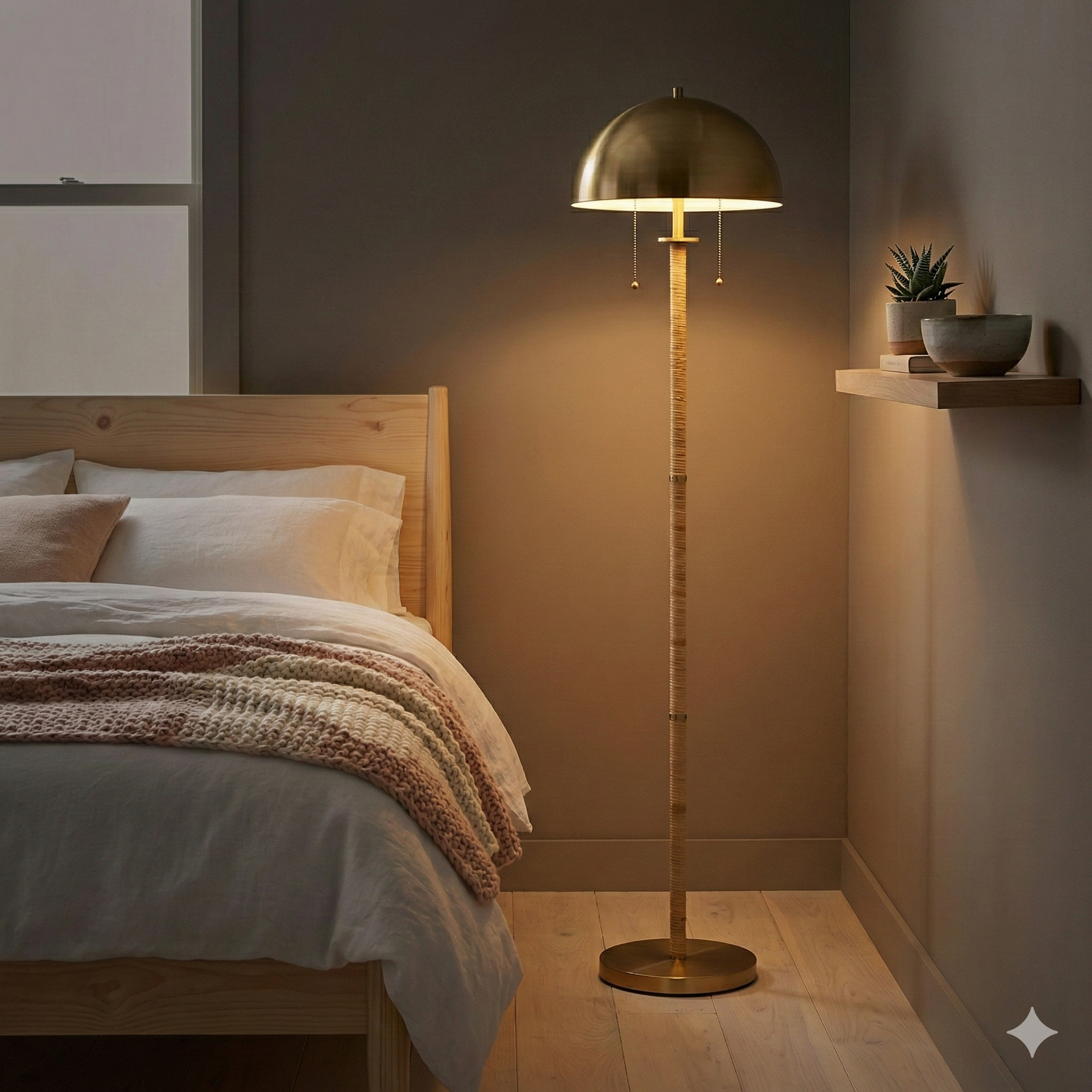Lampadaire Allure 2 lumières laiton doré détails rotin chaîne
