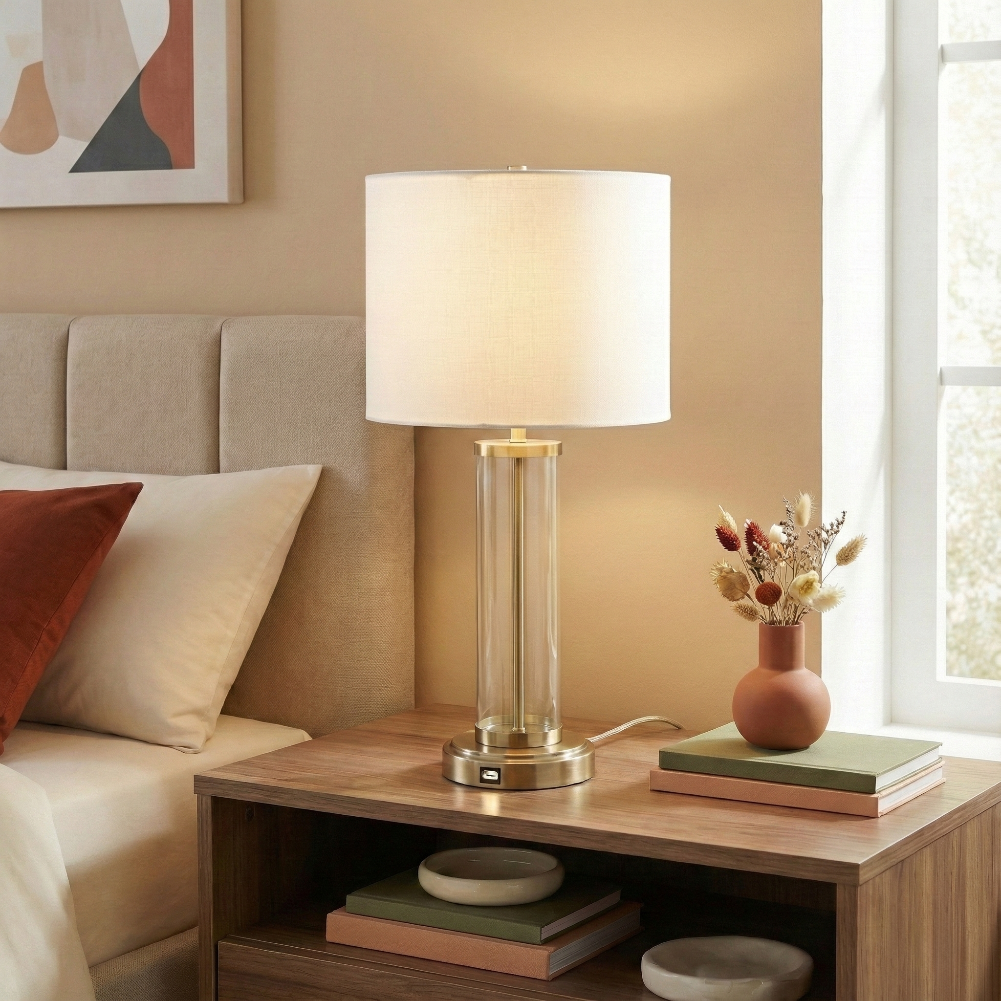 Lampe de table Luna nickel brossé, verre transparent