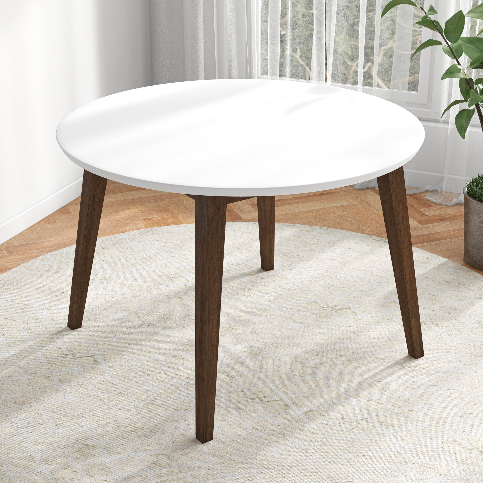 Table à manger Alina contemporaine, blanc, base bois, 43" diam.