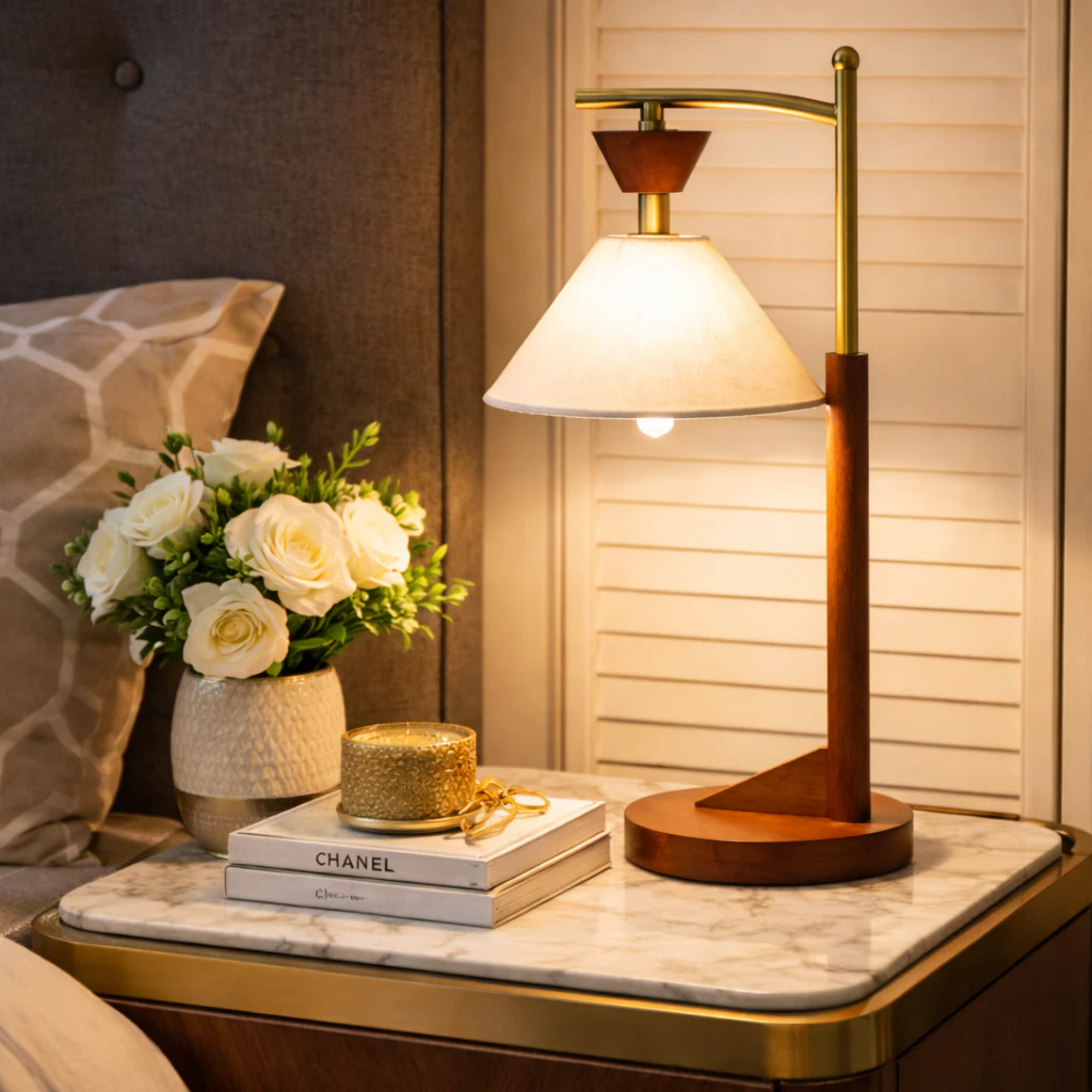Lampe de chevet bois base solide, abat-jour lin 110V