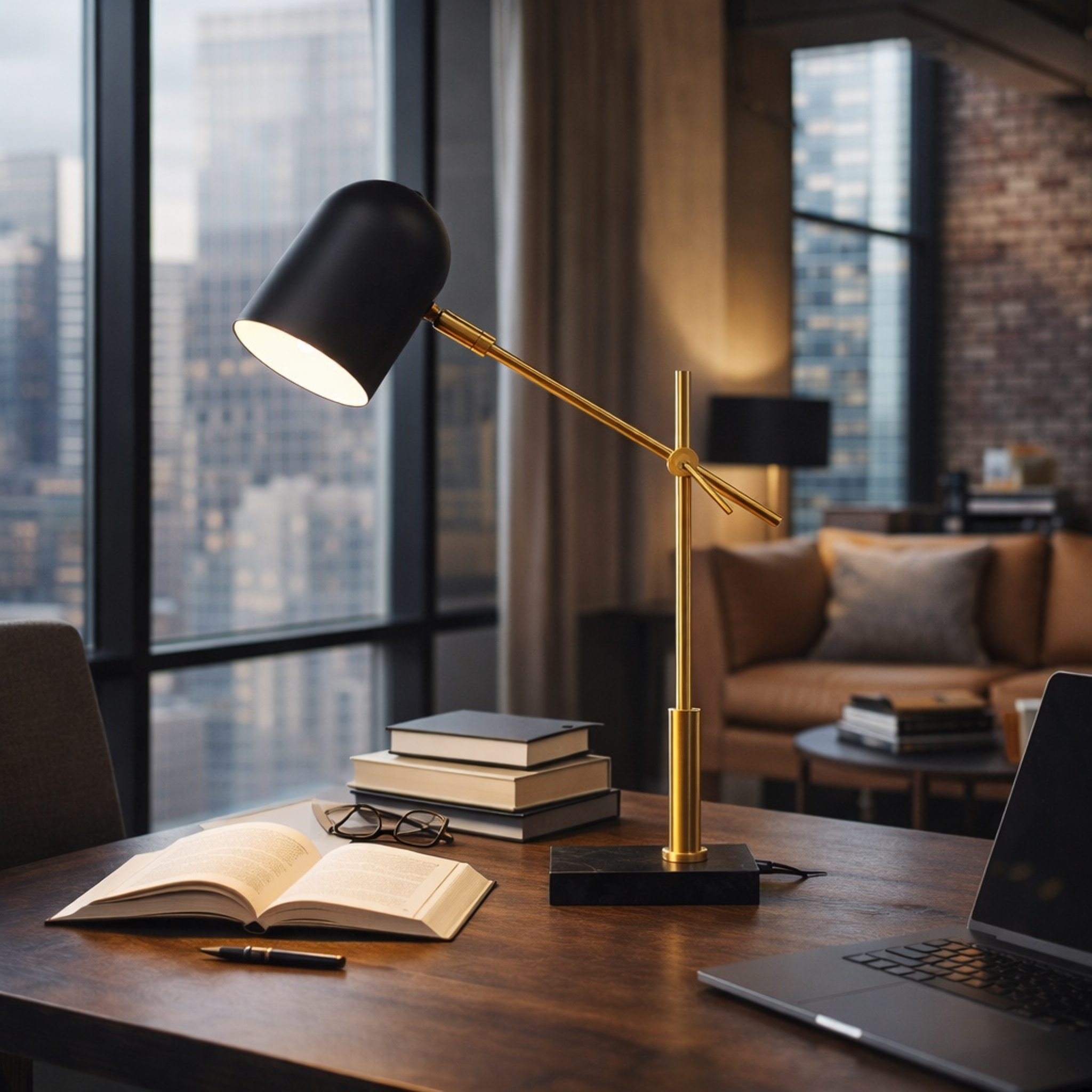 Lampe de table LED hôtel moderne, Lumora, noir extérieur blanc intérieur