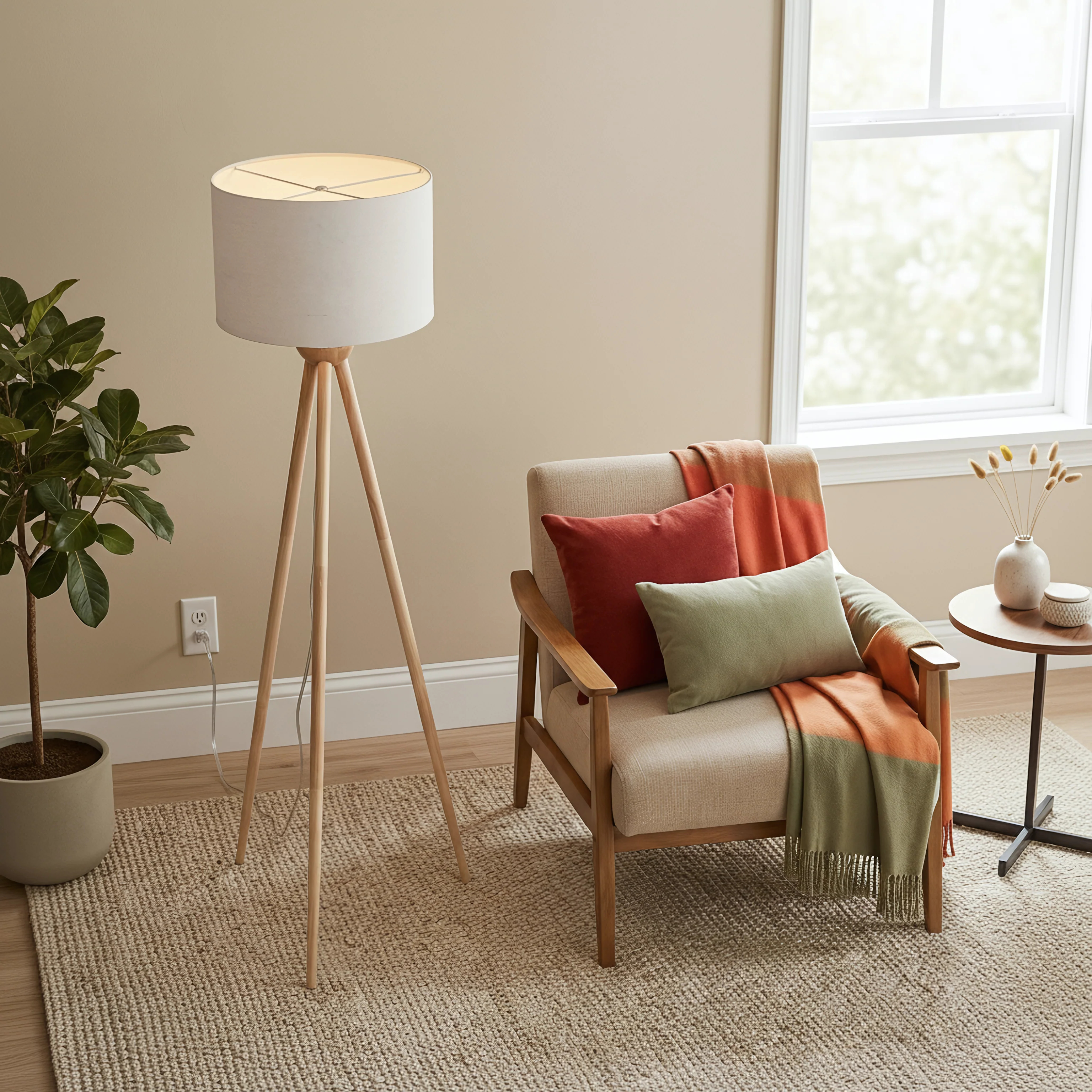 Lampadaire coin tall DEL, bois, 3 pieds, naturel, chambre/bureau