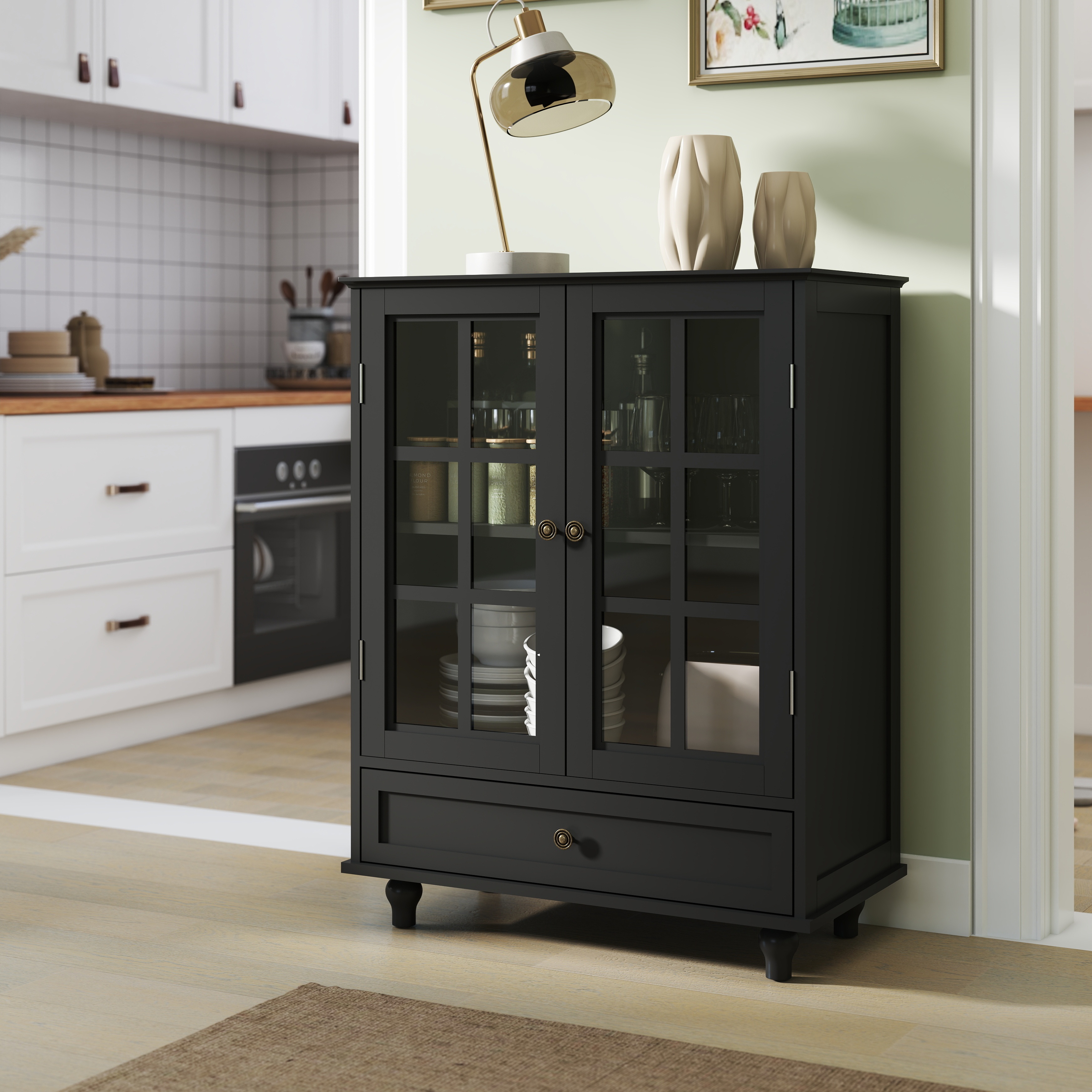 Buffet noir portes verre tiroir moderne