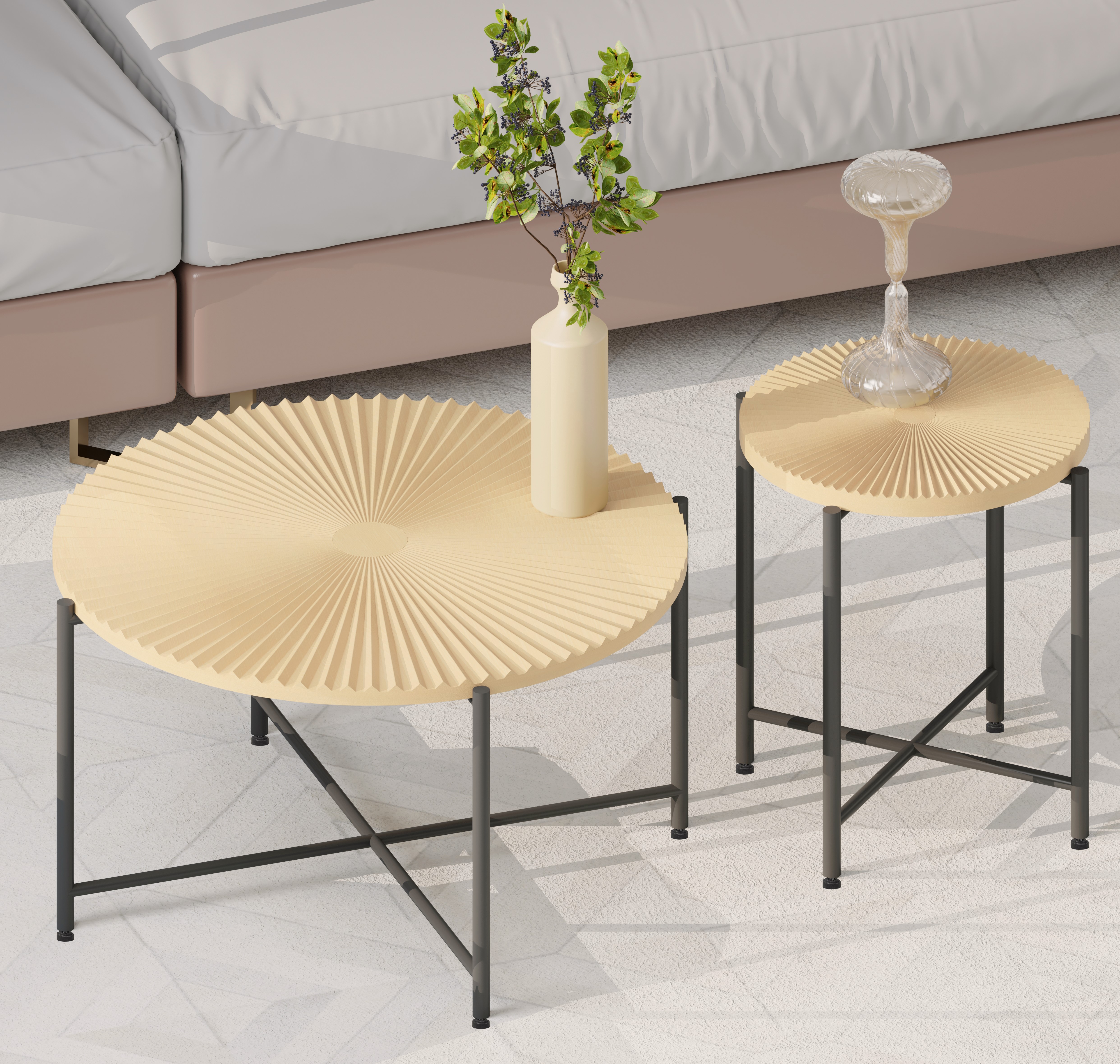 Ensemble table à café et bout de table motif radial