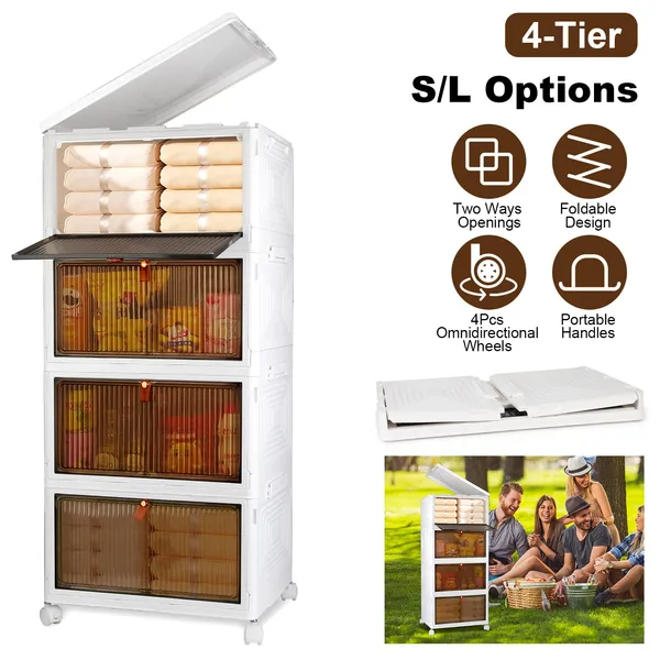 Total 76QT bacs de rangement 4 étages repliables avec roulettes 360°