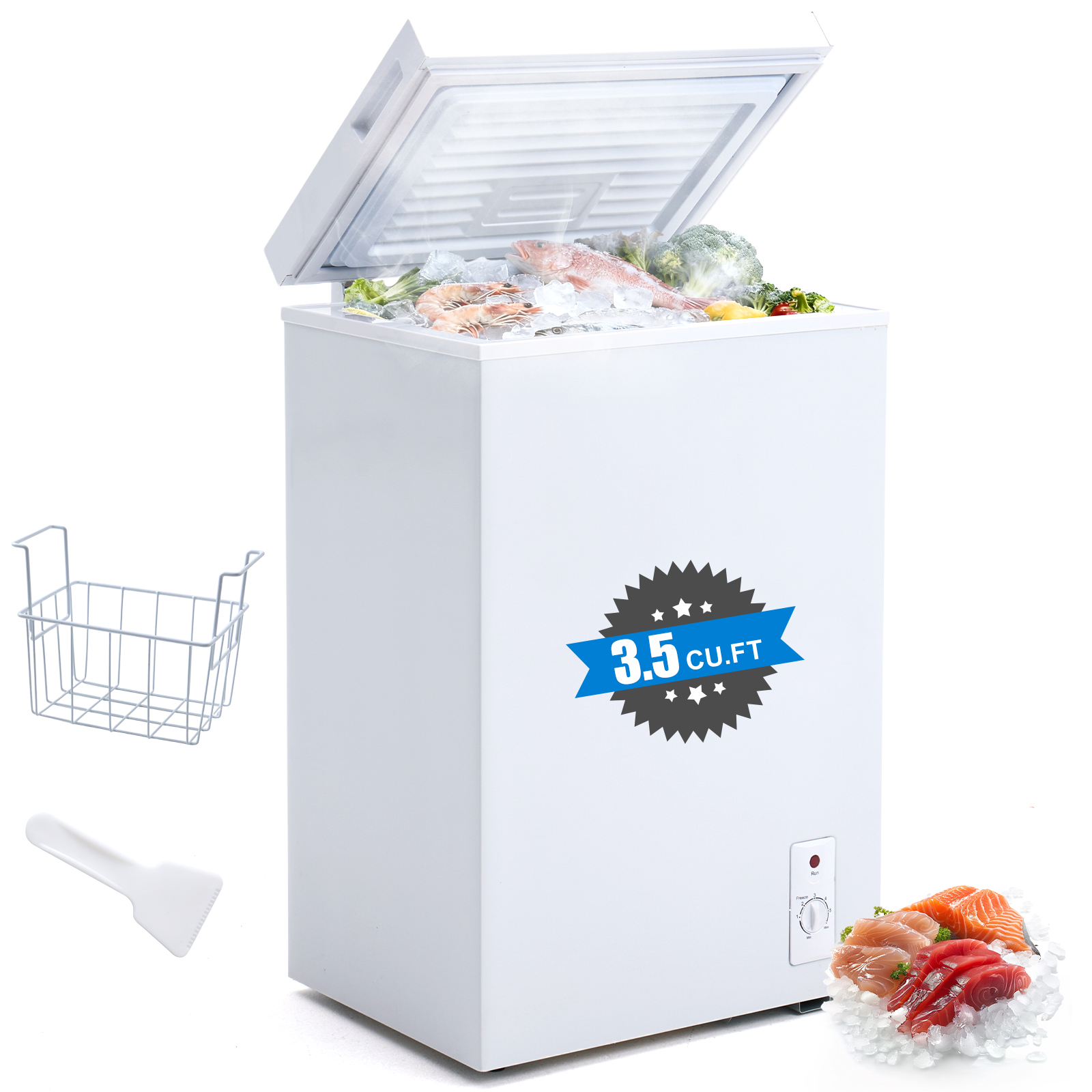 Congélateur coffre 3.5 pc cu compact, 7 niveaux tempé, blanc, efficace
