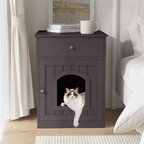 Maison chat bois litière tiroir table nuit brun