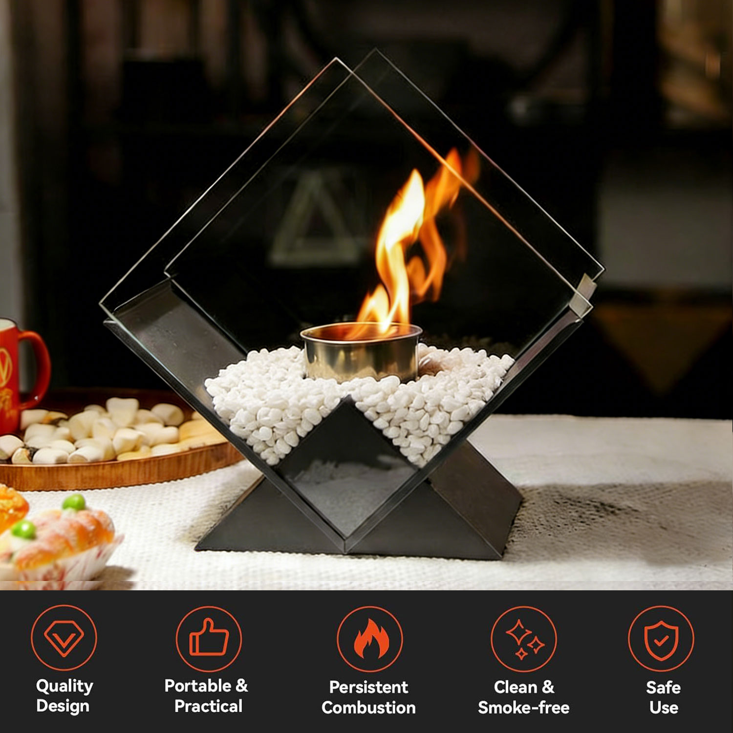 Foyer tabletop verre diamant 10po combustion propre