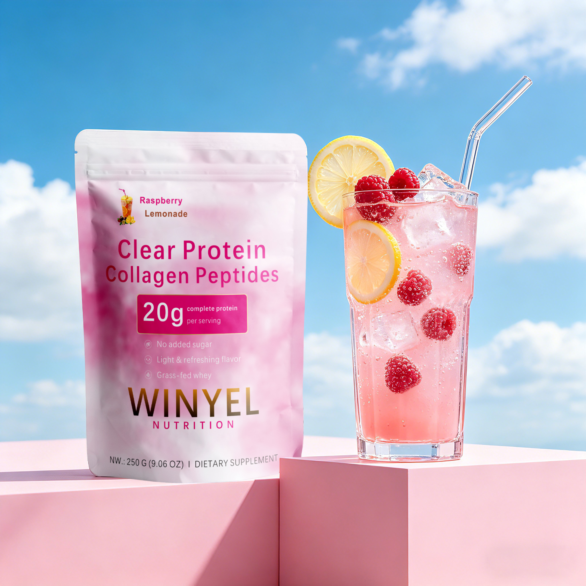 WINYEL Peptides collagène transparent 20g, citron framboise