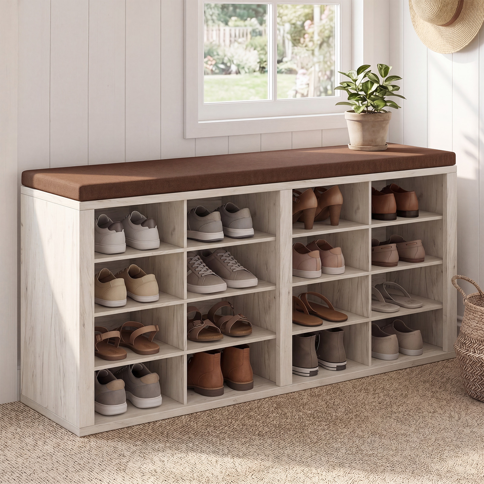 Banc rangement chaussures 16 casiers coussin vestiaire entrée