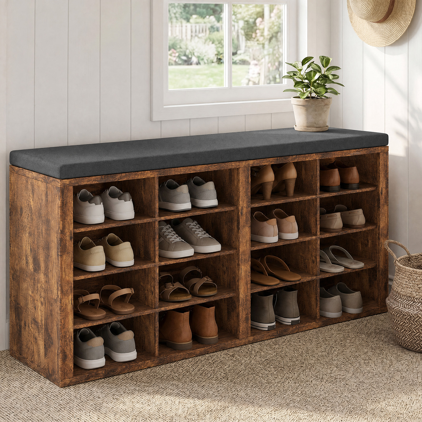 Banc rangement chaussures 16 casiers coussin vestiaire entrée