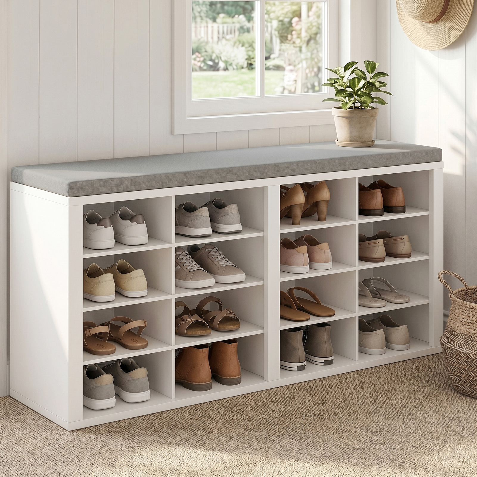 Banc rangement chaussures 16 cases avec coussin, entrée