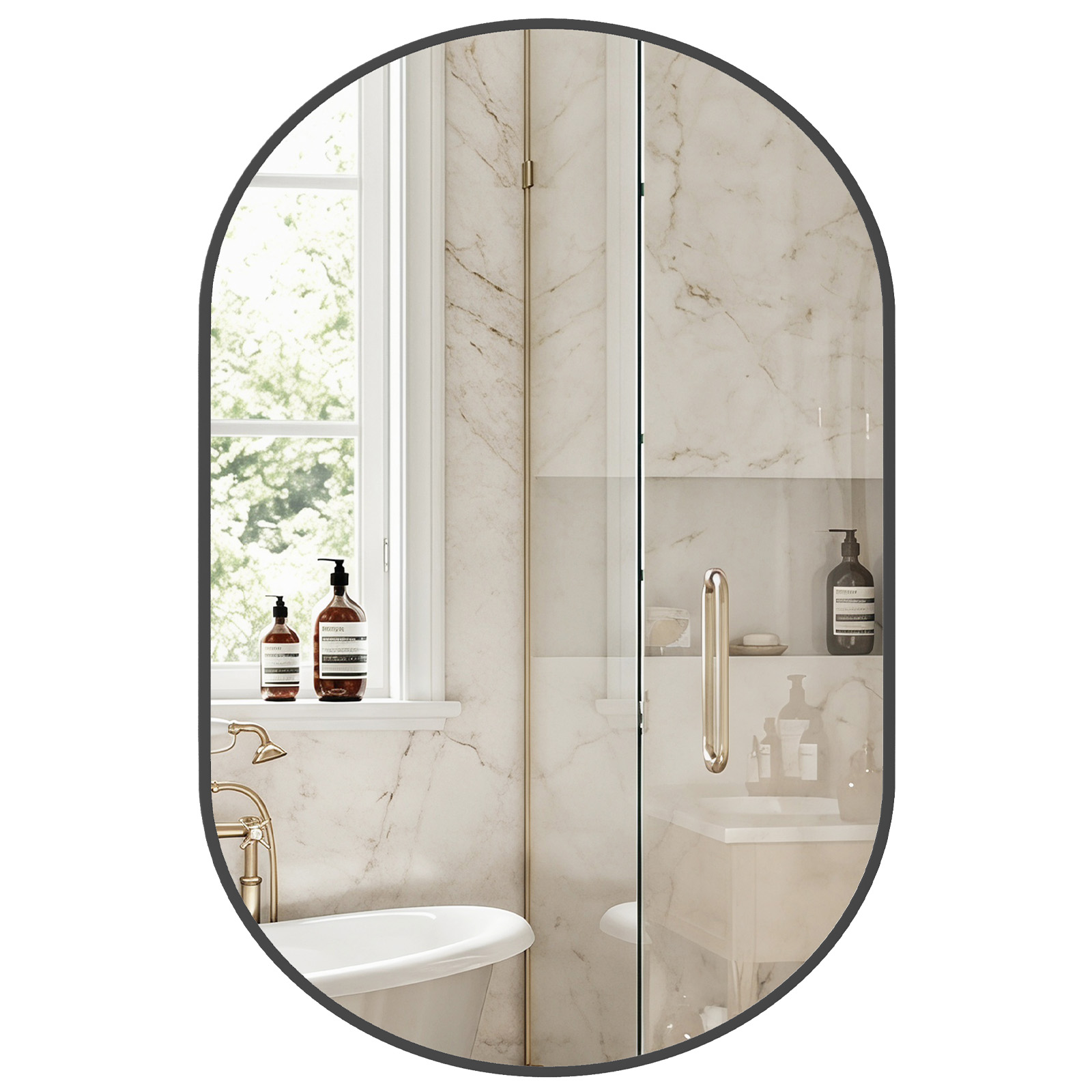 Miroir salle bain ovale, cadre métal inoxydable, verre trempé