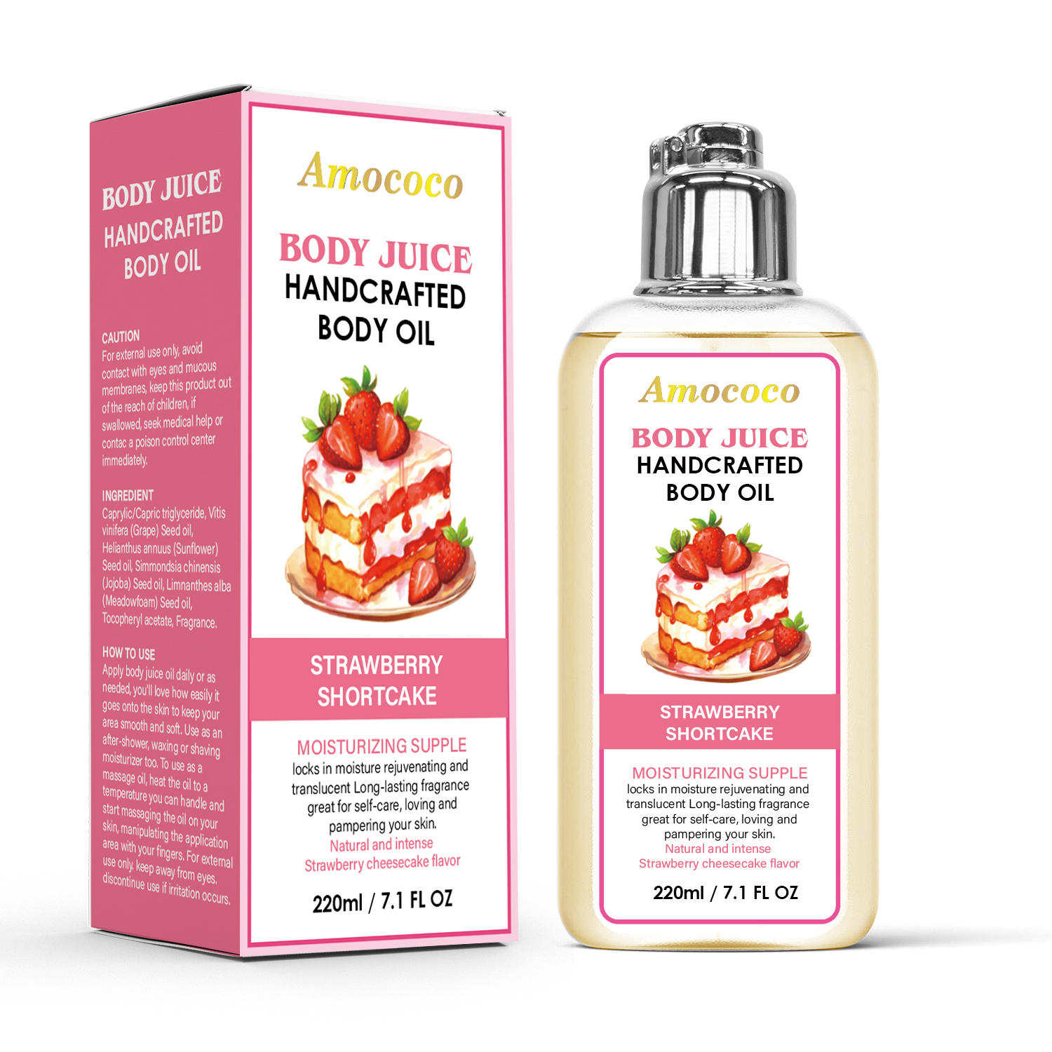 Amococo Huile corporelle fraise - 220ml - huile massage hydratante