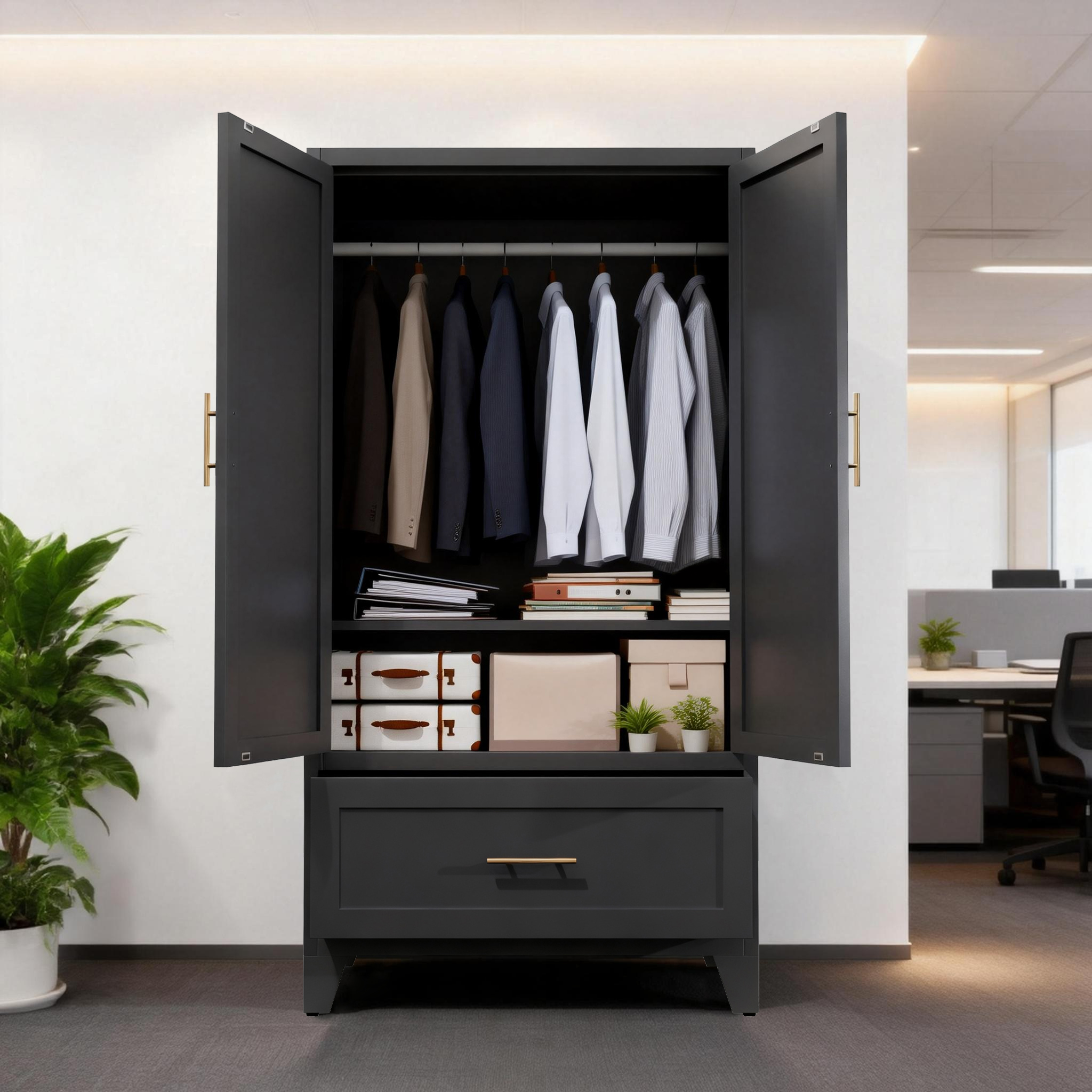 Armoire métal 60po 1 tiroir tige penderie 2 portes noir