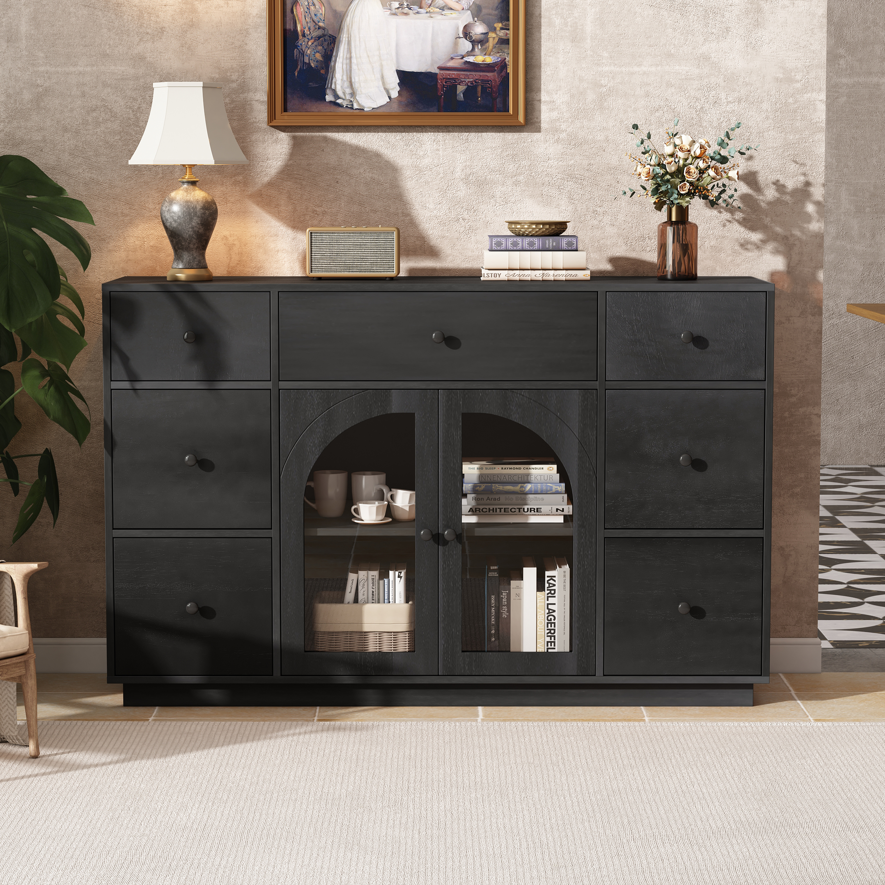 Armoire rangement 2 portes 7 tiroirs, noir