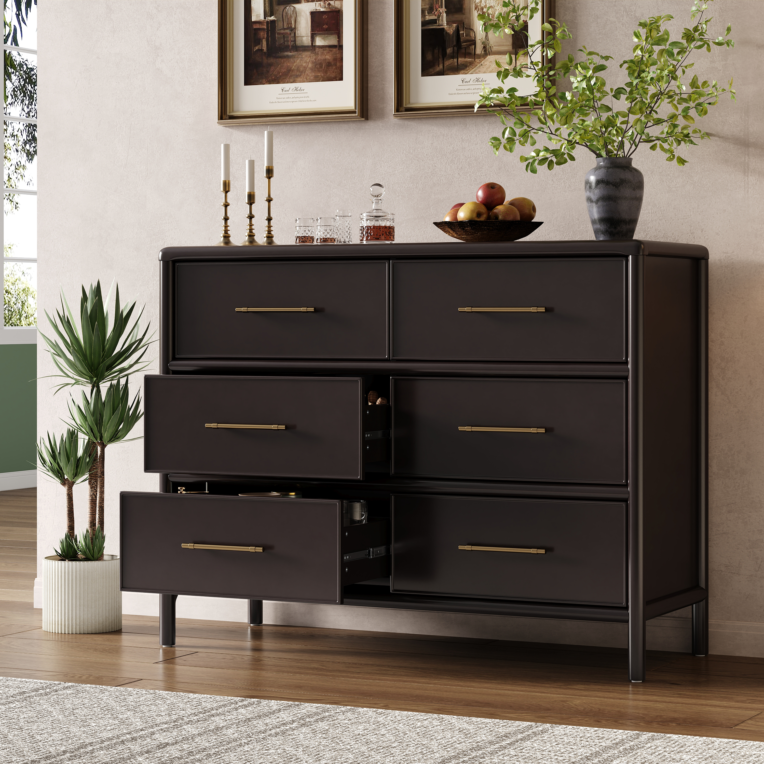 Armoire rangement 6 tiroirs style élégant brun foncé