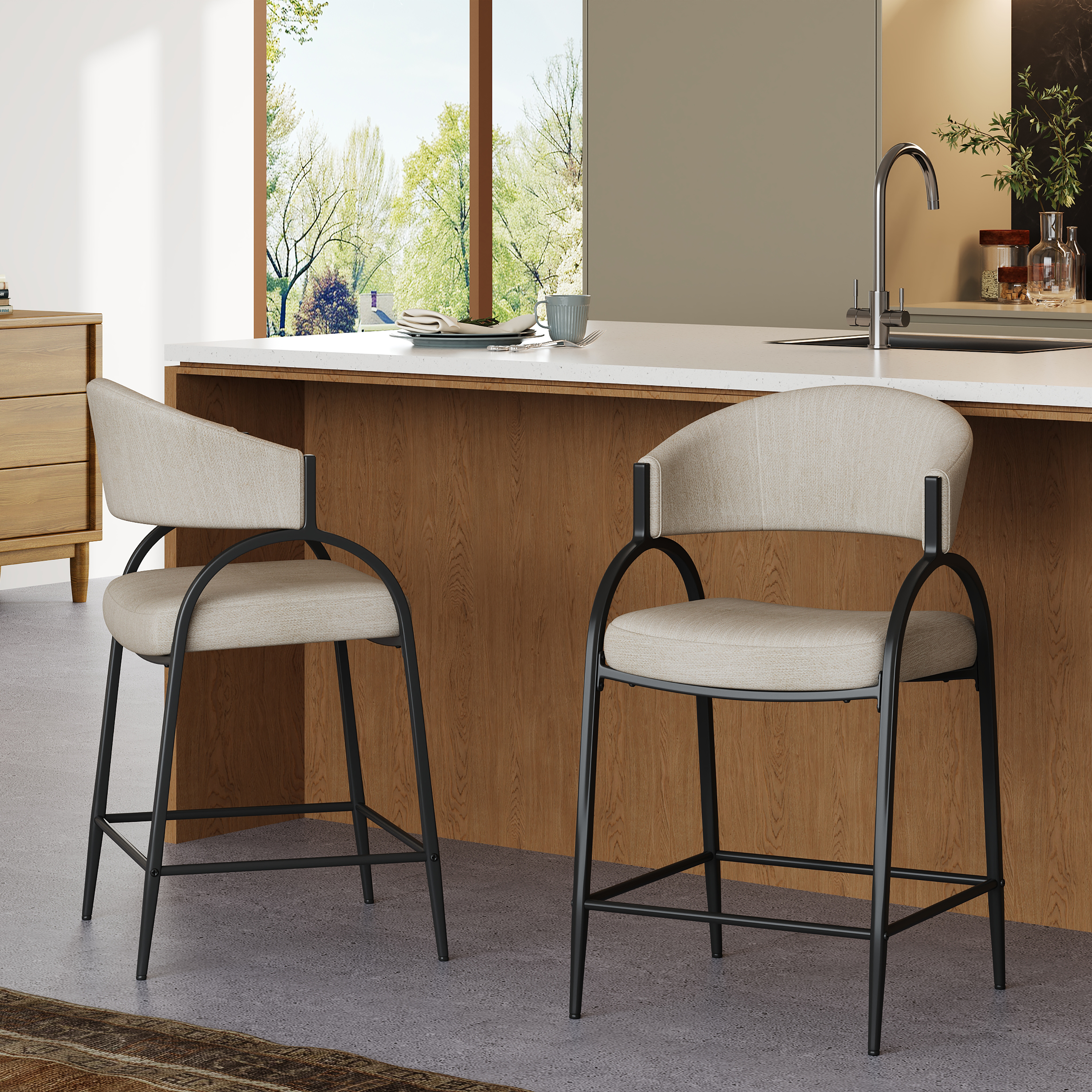2 tabourets bar 25 po moderne tissu dossier cadre métal noir beige