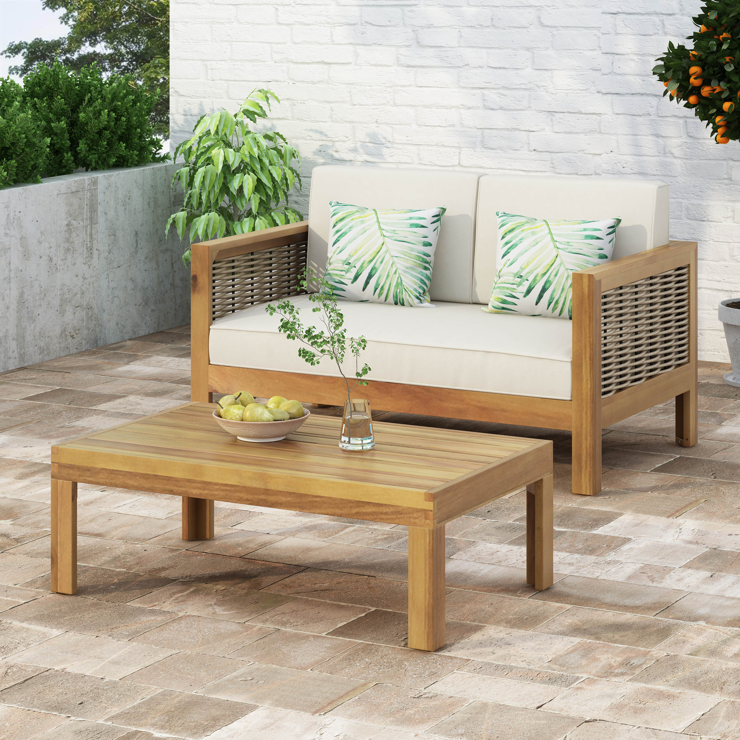 Ensemble loveseat acacia bois osier coussin teck