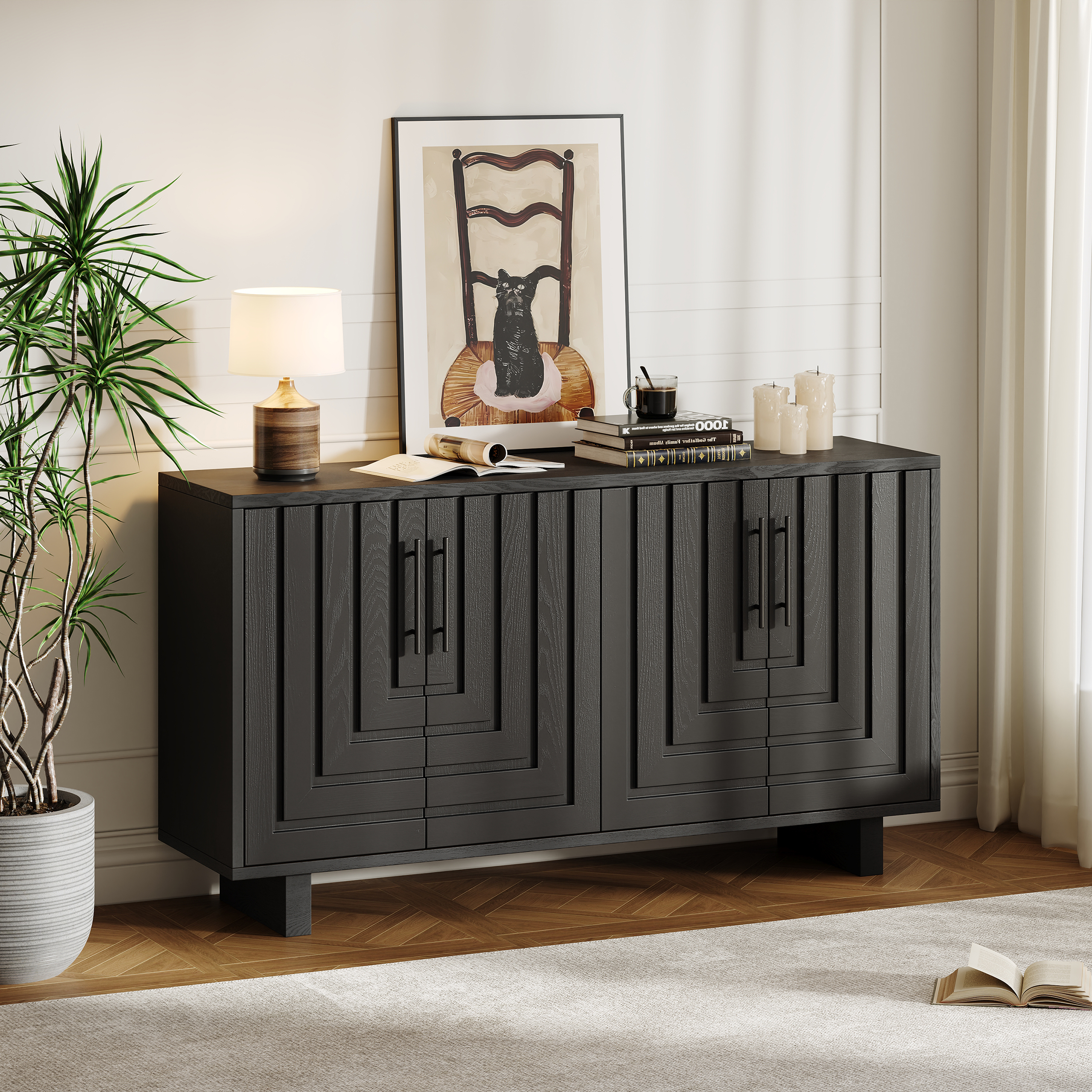Buffet moderne 59 x 32,5 po, 4 portes, MDF, noir
