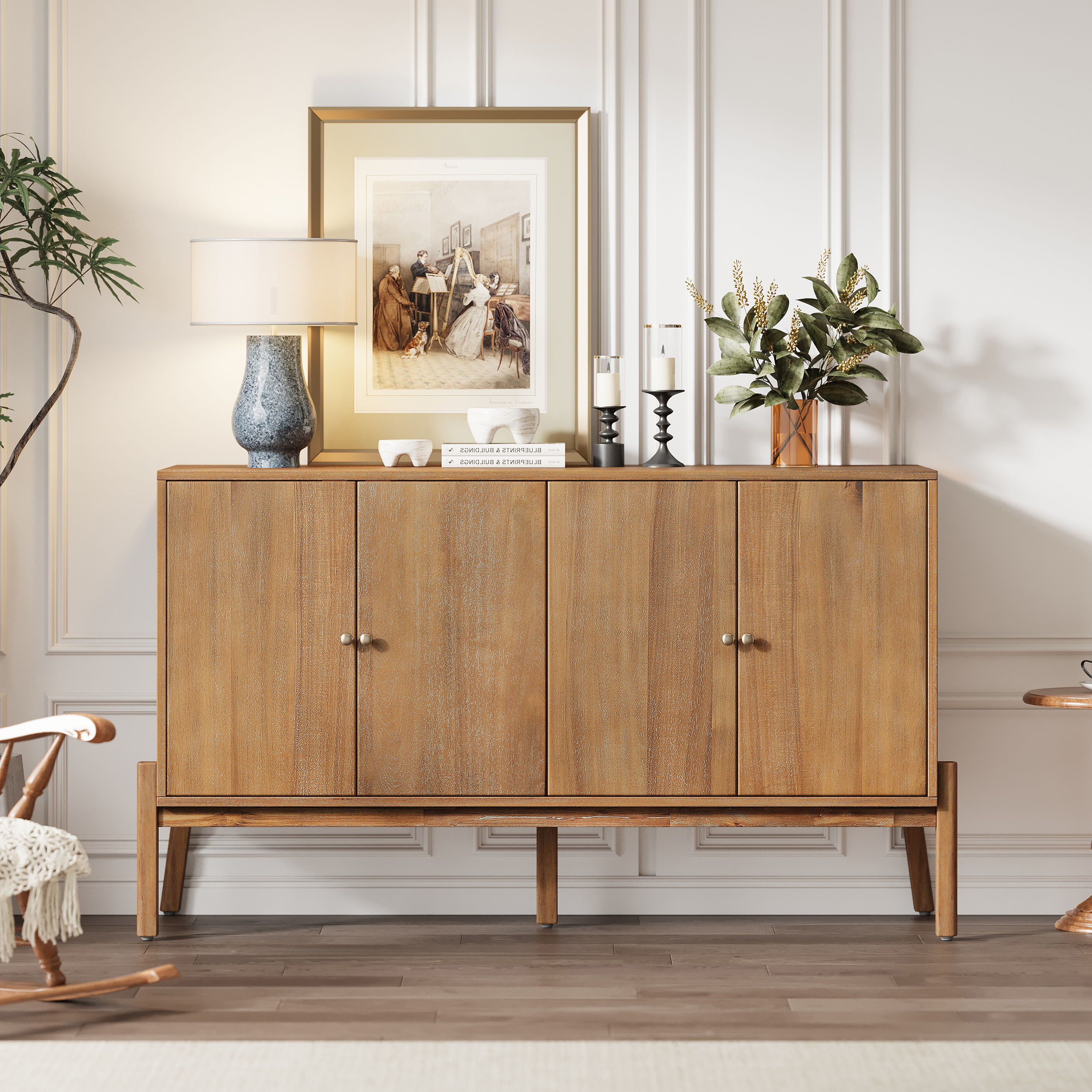 Buffet vintage 56,8 x 18 x 34,2 po, 4 portes, fini naturel