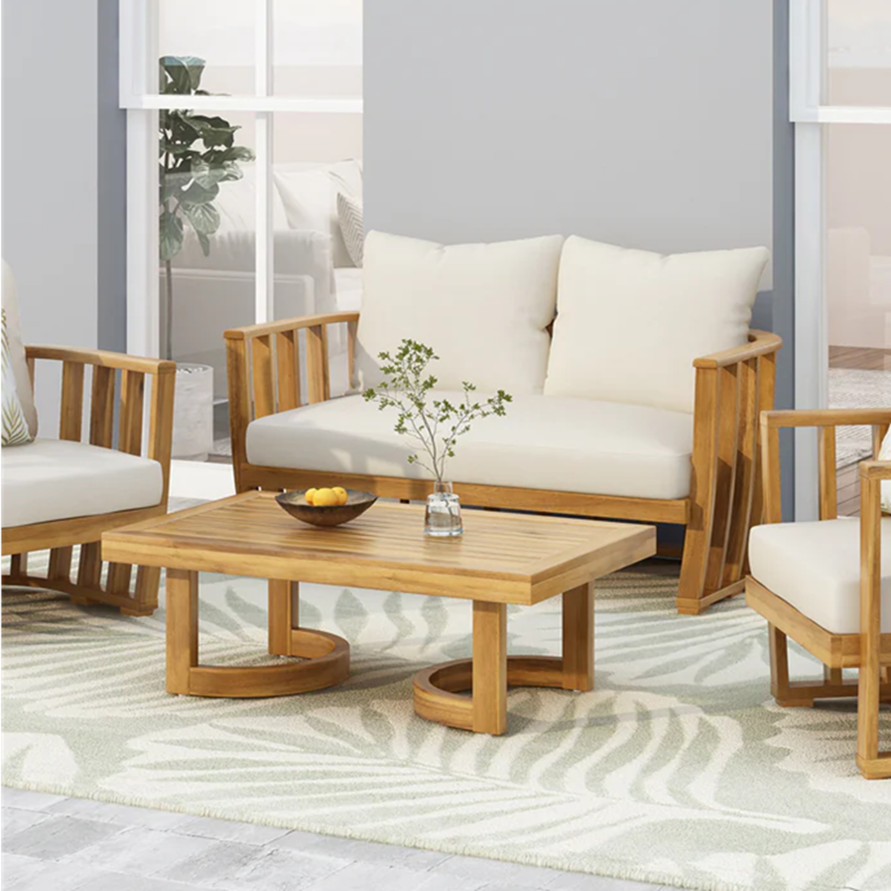 Ensemble causeuse et table bois acacia avec coussins beige