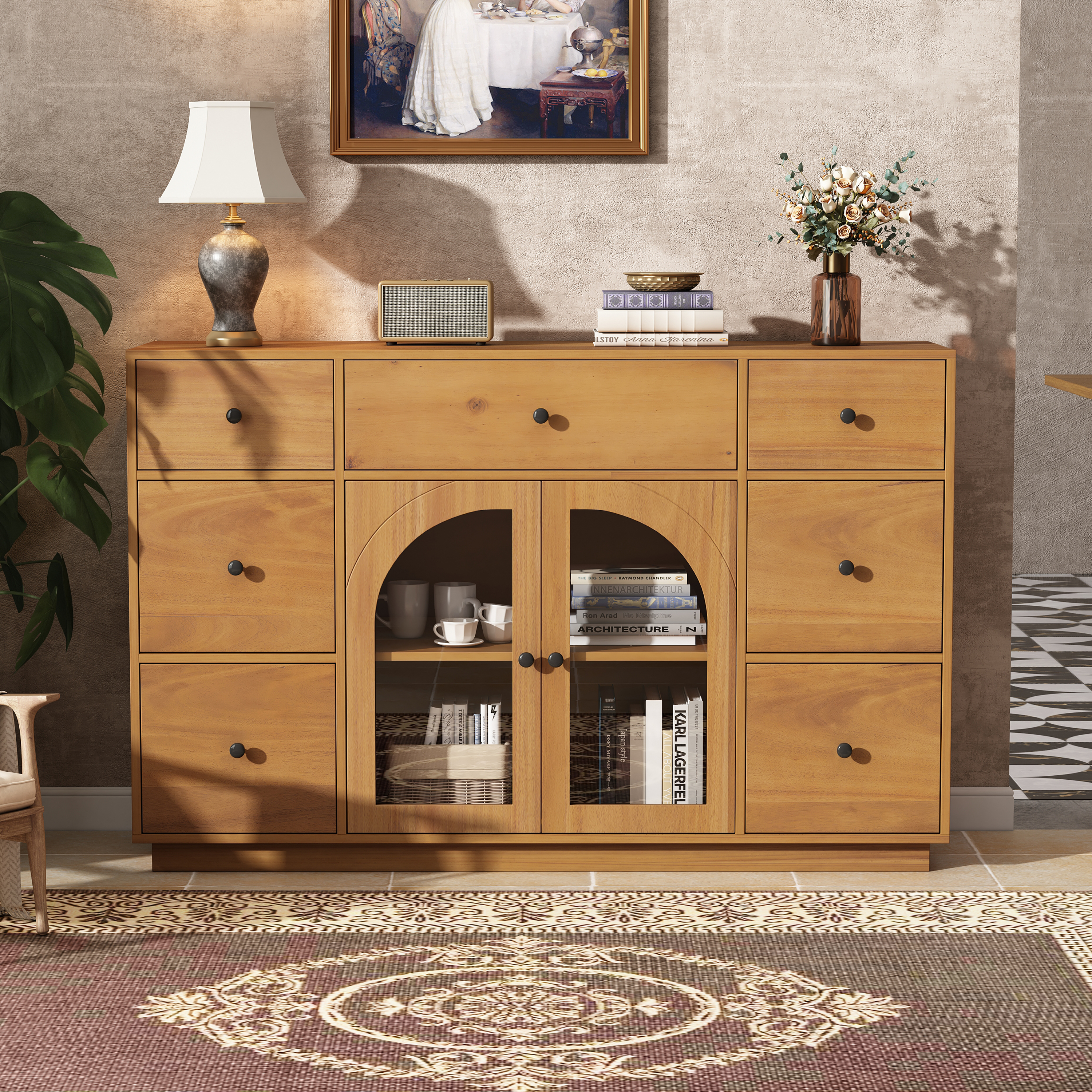 Meuble rangement salon/salle manger, 2 portes, 7 tiroirs, naturel