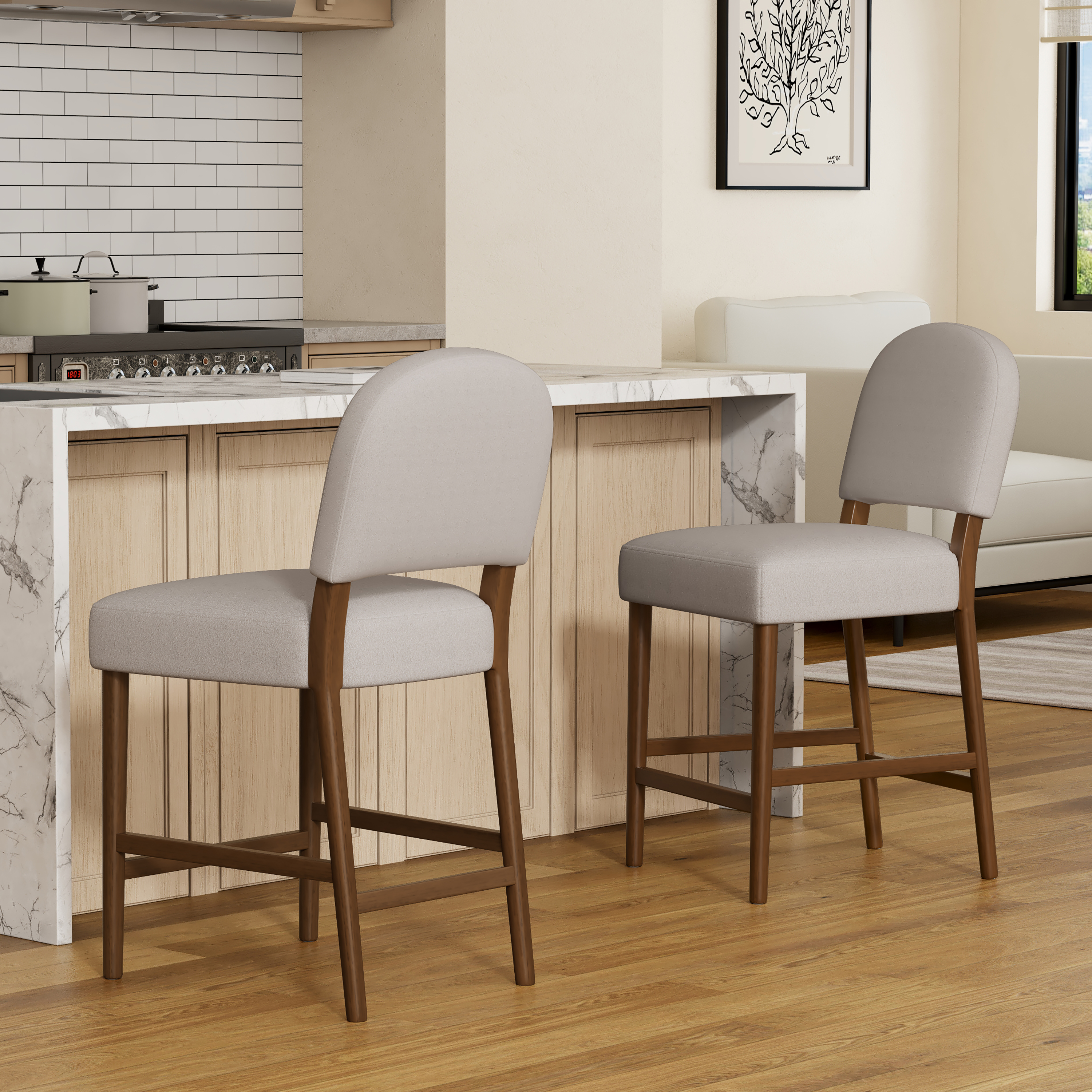 Tabouret bar 26po gris, tissu et bois noyer, set de 2