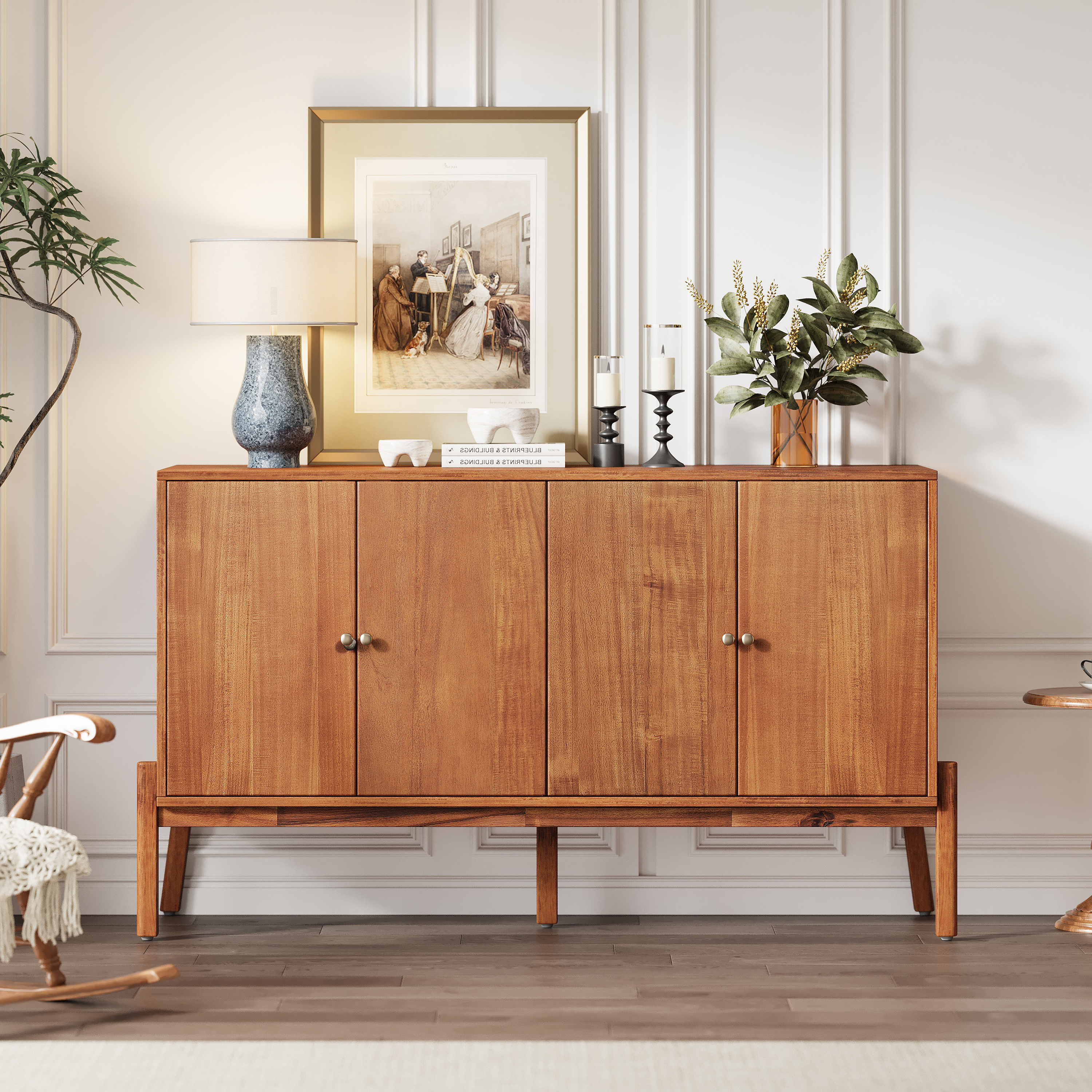 Buffet vintage 56,8 L x 18 P x 34,2 H, 4 portes, MDF et placage acacia