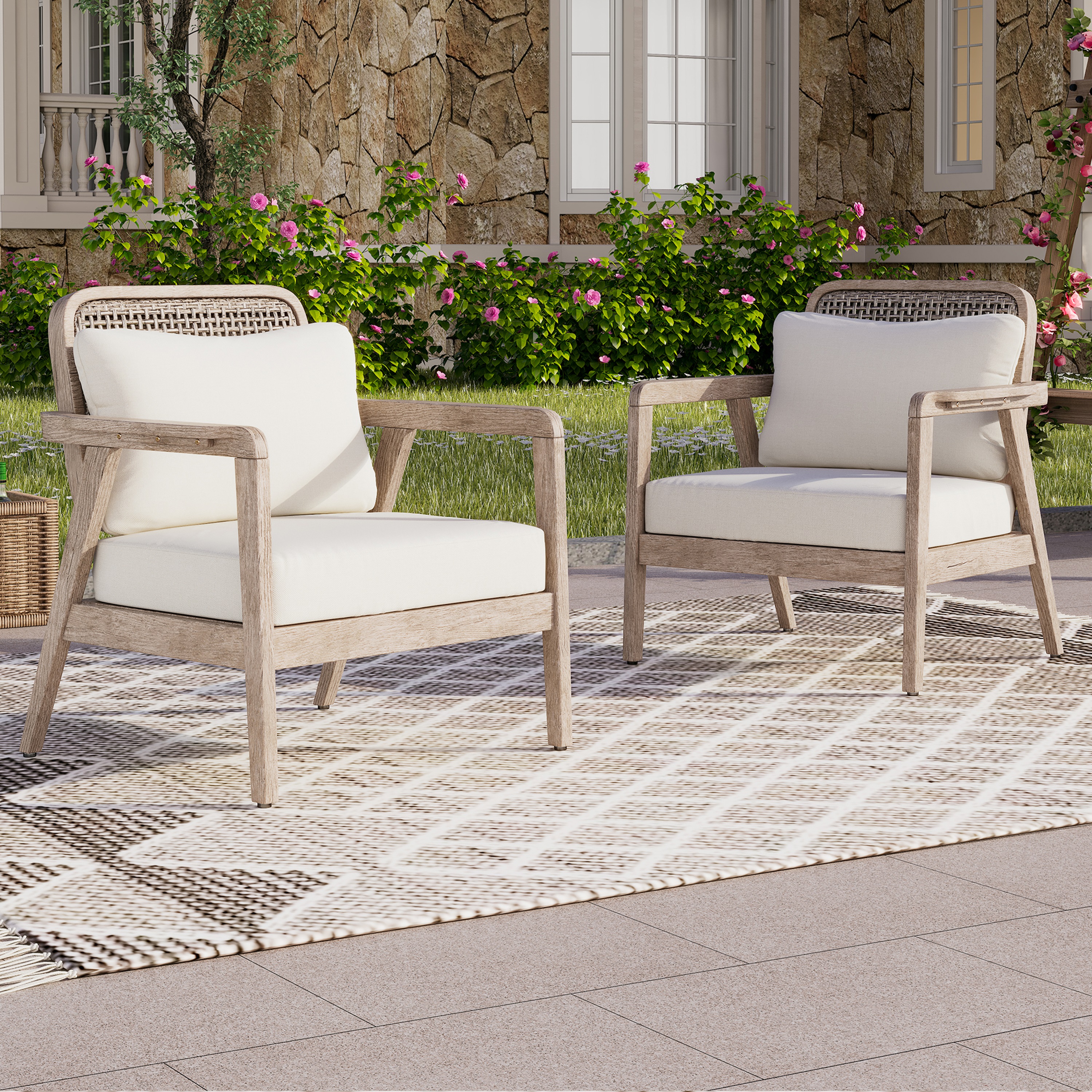 Ensemble 2 fauteuils patio acacia, coussin épais 400lbs