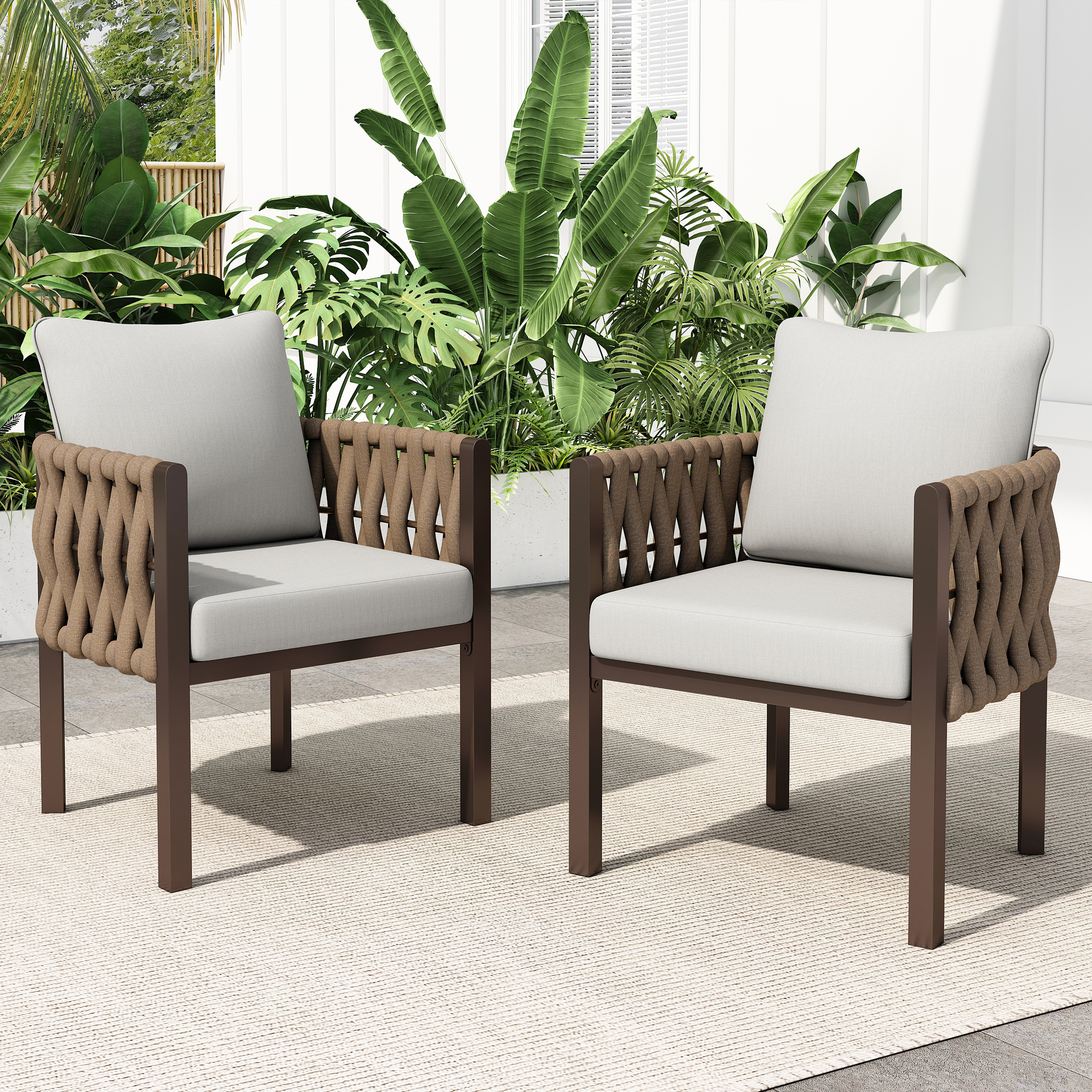 Ens. 2 fauteuils patio métal, coussin, brun gris