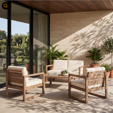 Ensemble patio 4 pièces acacia avec table café et coussins