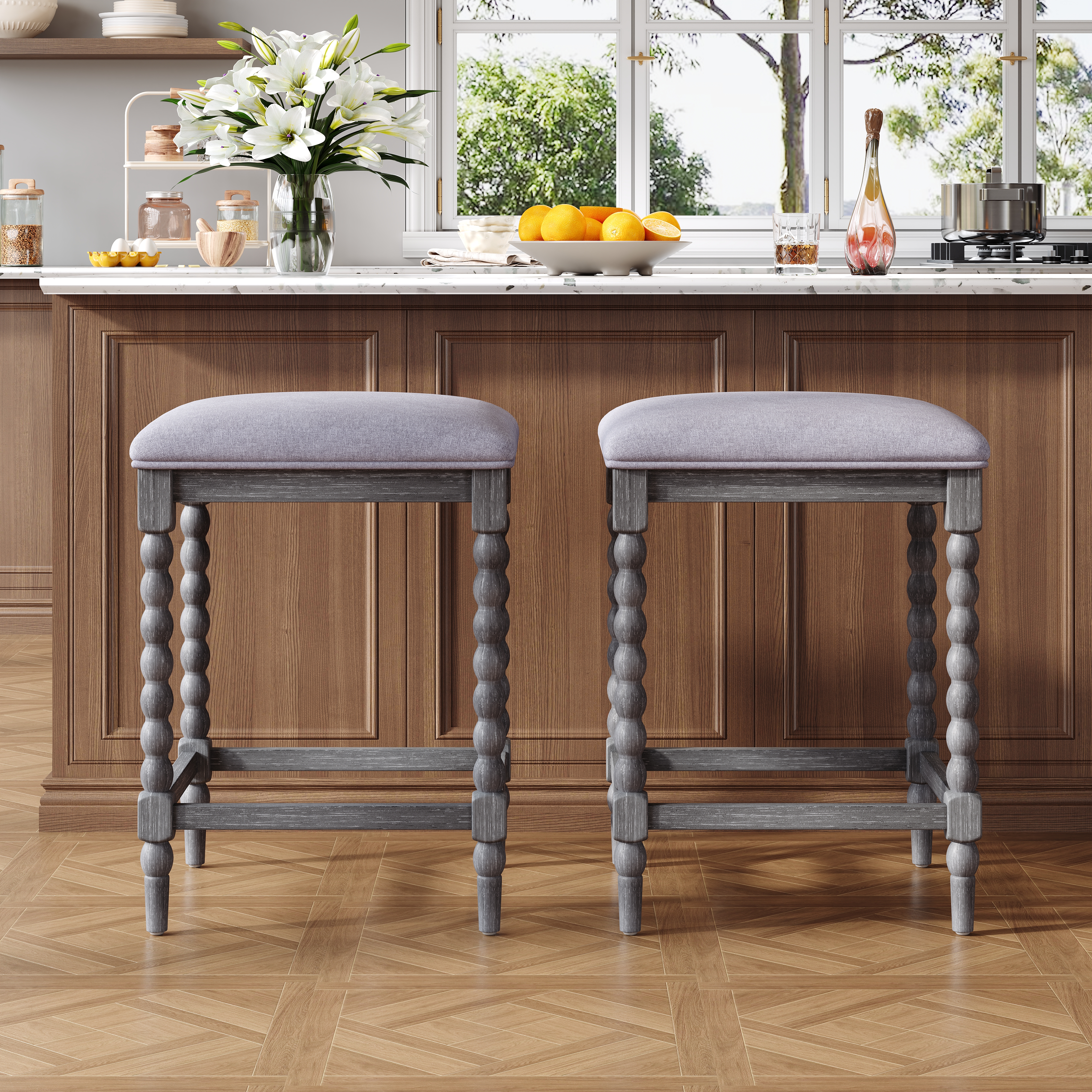 2 tabourets comptoir 26 po, assise matelassée, bois acacia, gris