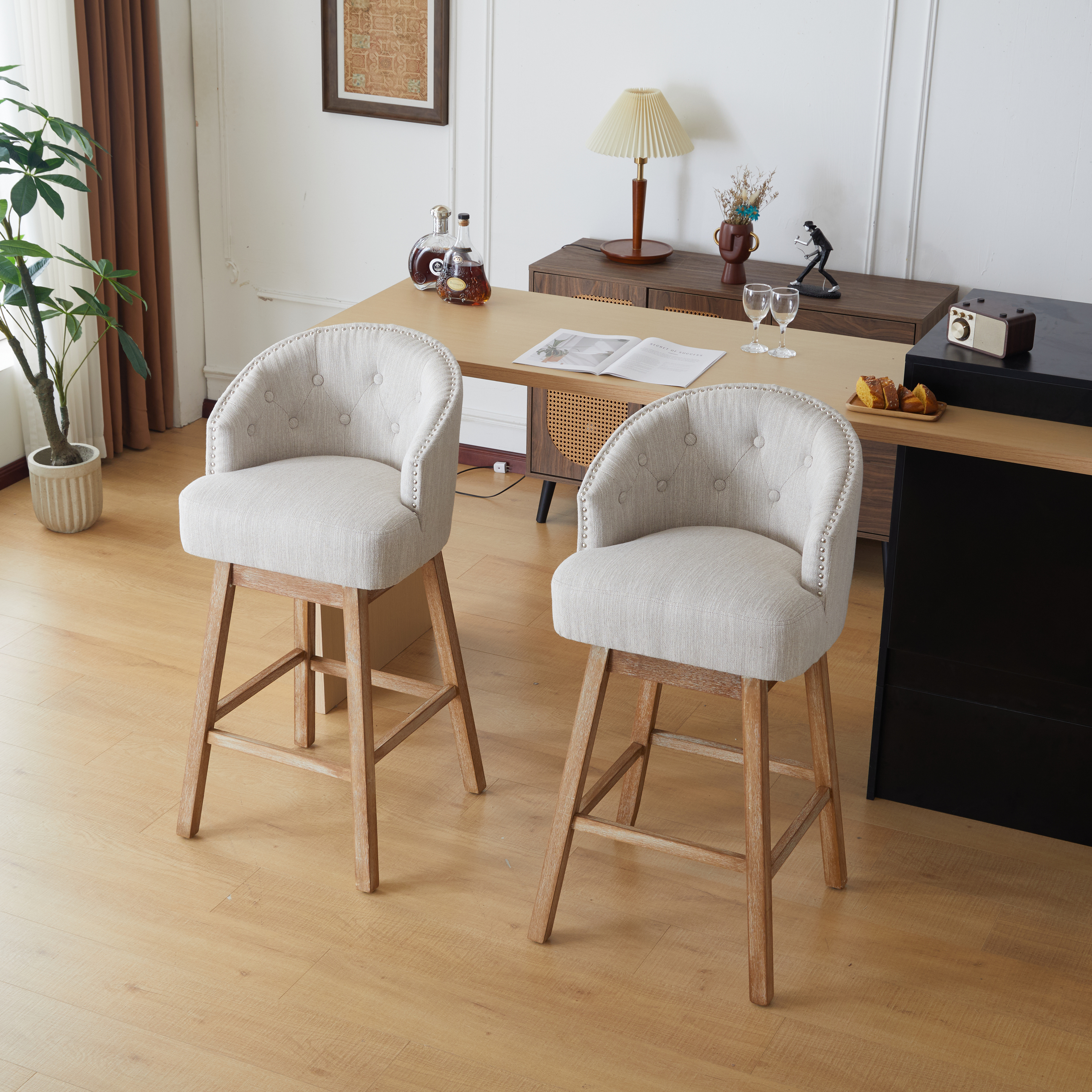 Ensemble 2 tabourets pivotants comptoir bois beige naturel