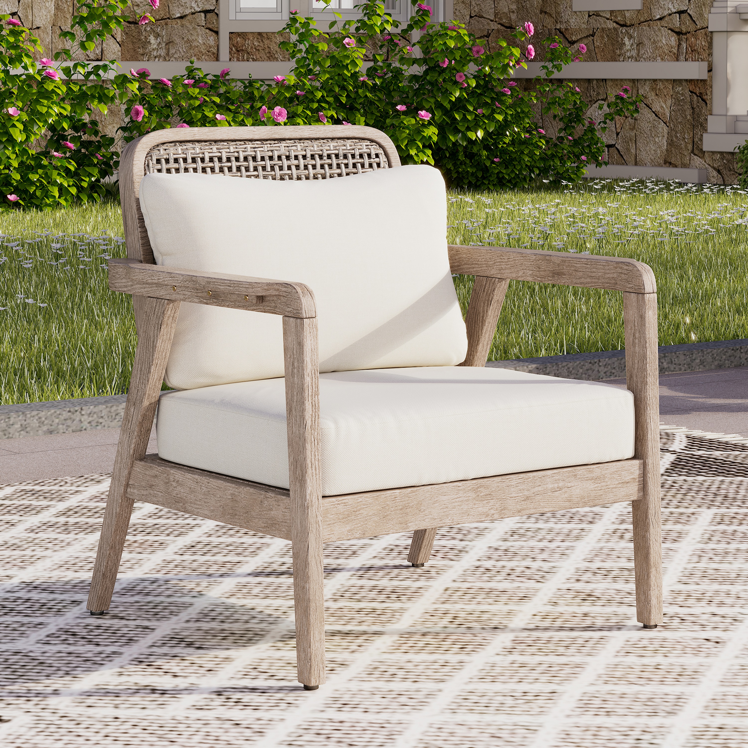 Fauteuil club acacia, coussin épais, 400lbs, brun clair/beige