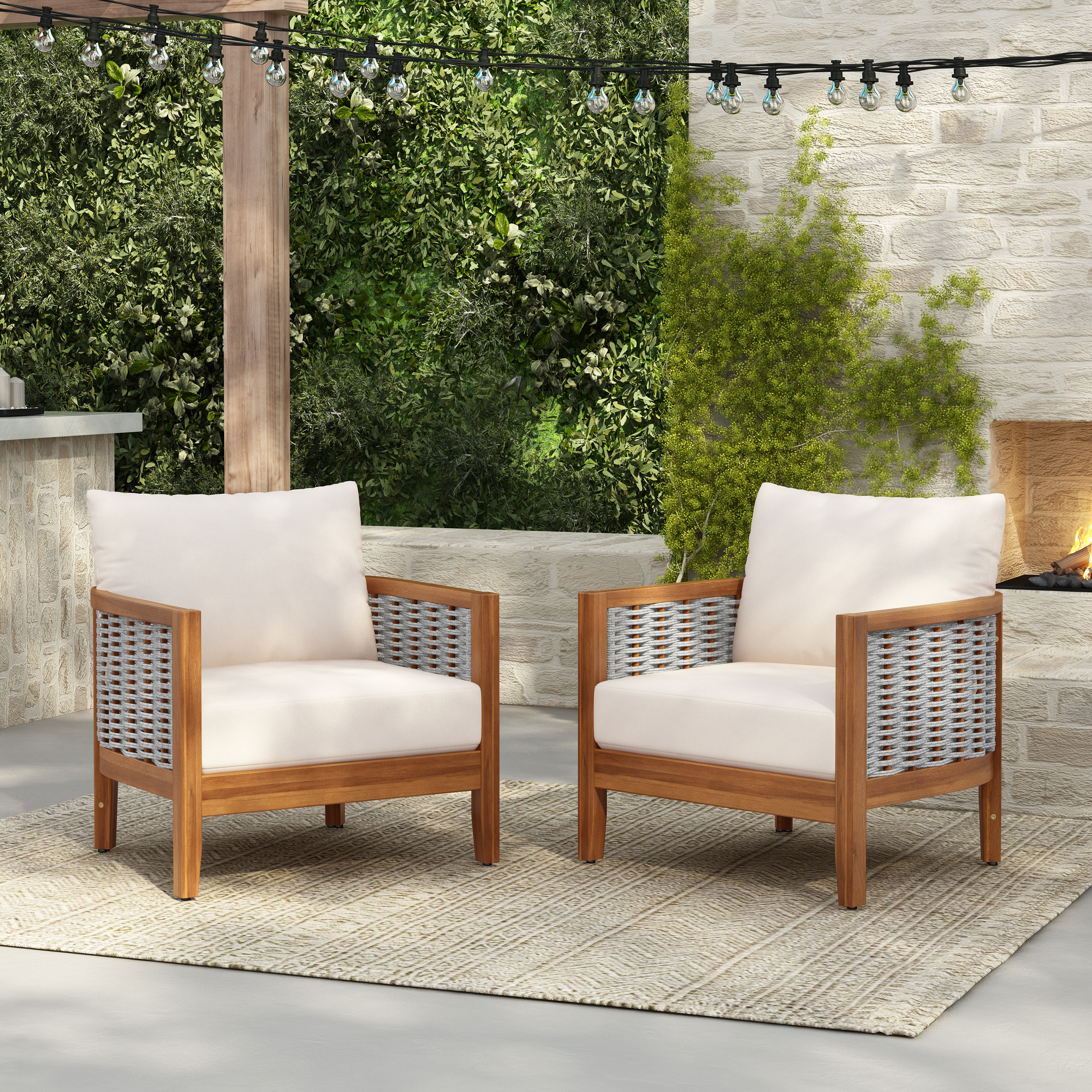 Ensemble de 2 fauteuils de patio design tonneau corde tressée, bois acacia