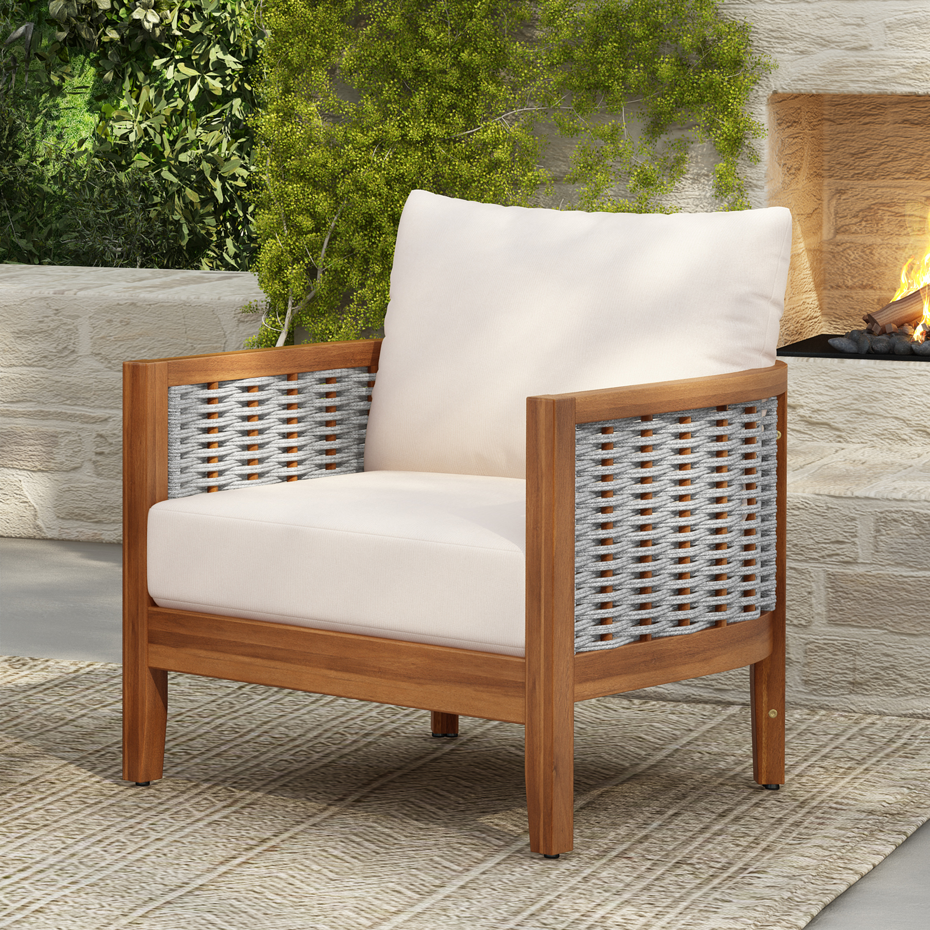 Fauteuil patio corde tressée bois acacia beige